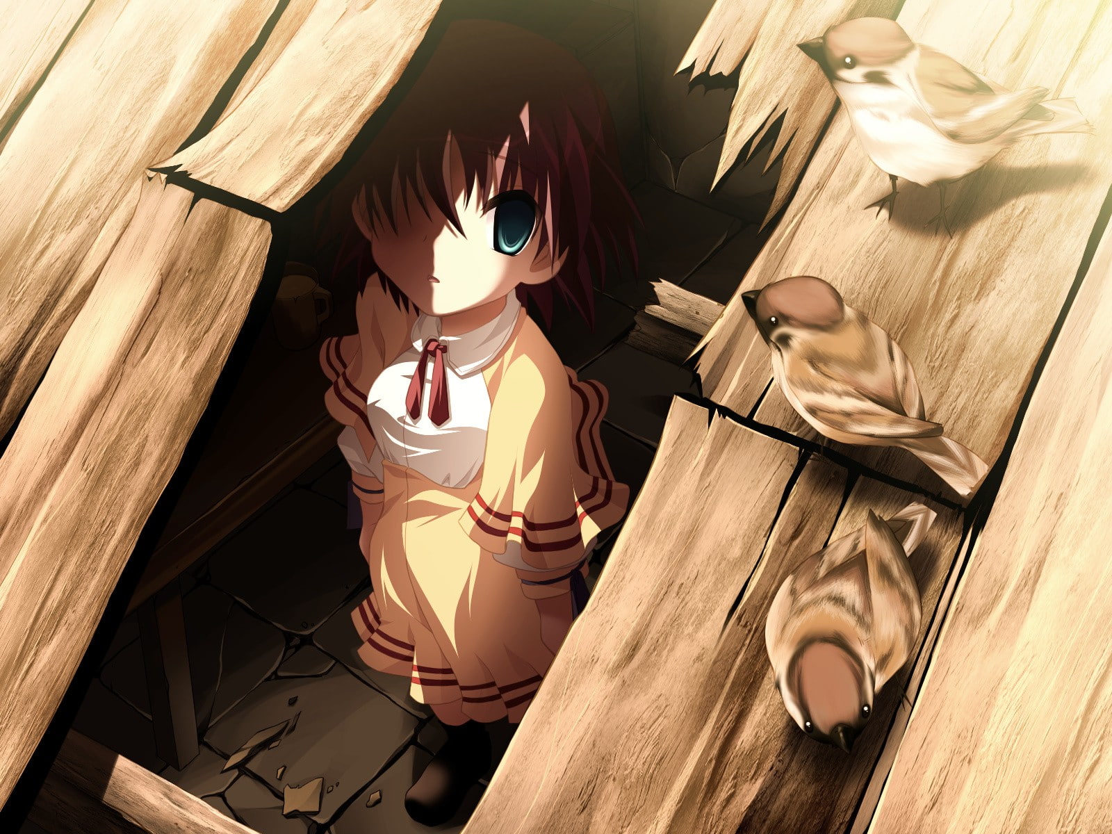 hiding, school uniform, schoolgirl, anime girls, indoors, wood - material