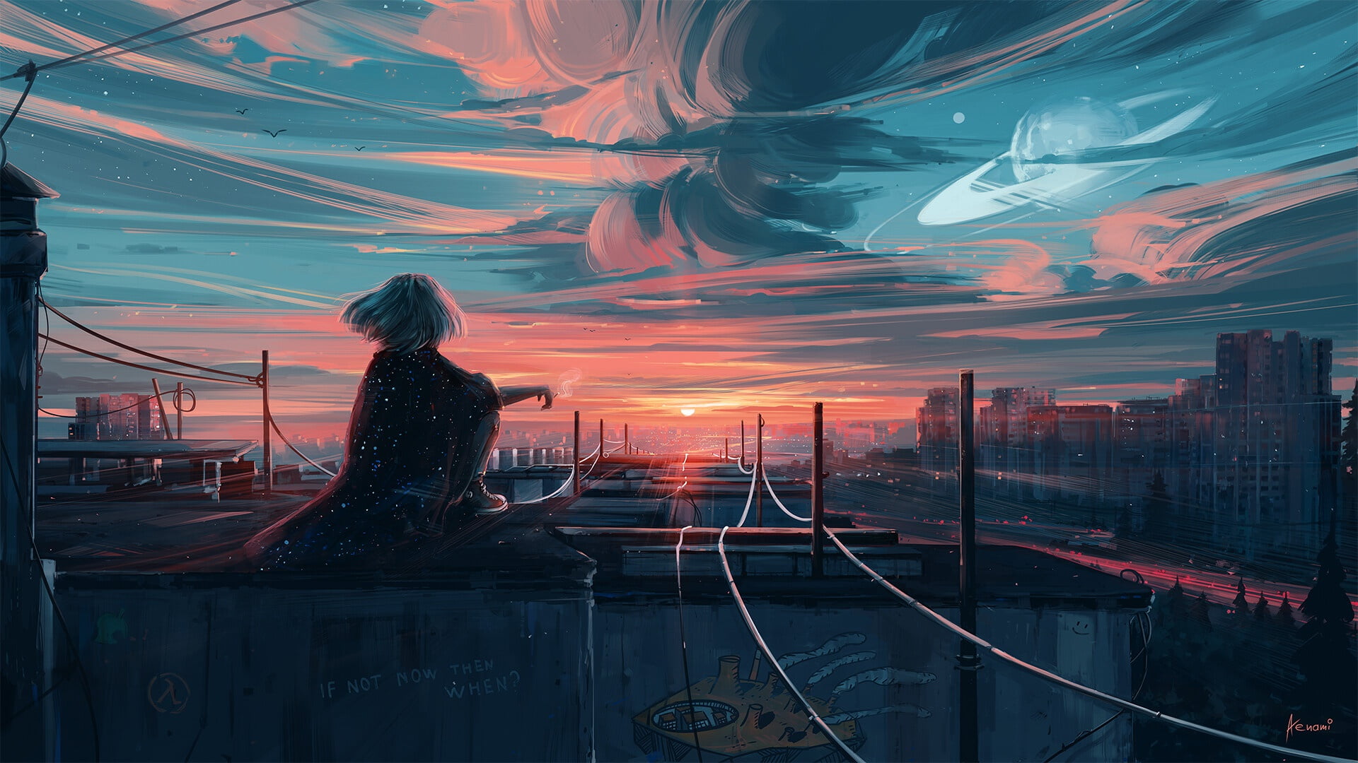 the sky, girl, the city, hair, back, view, rails, art, Aenami