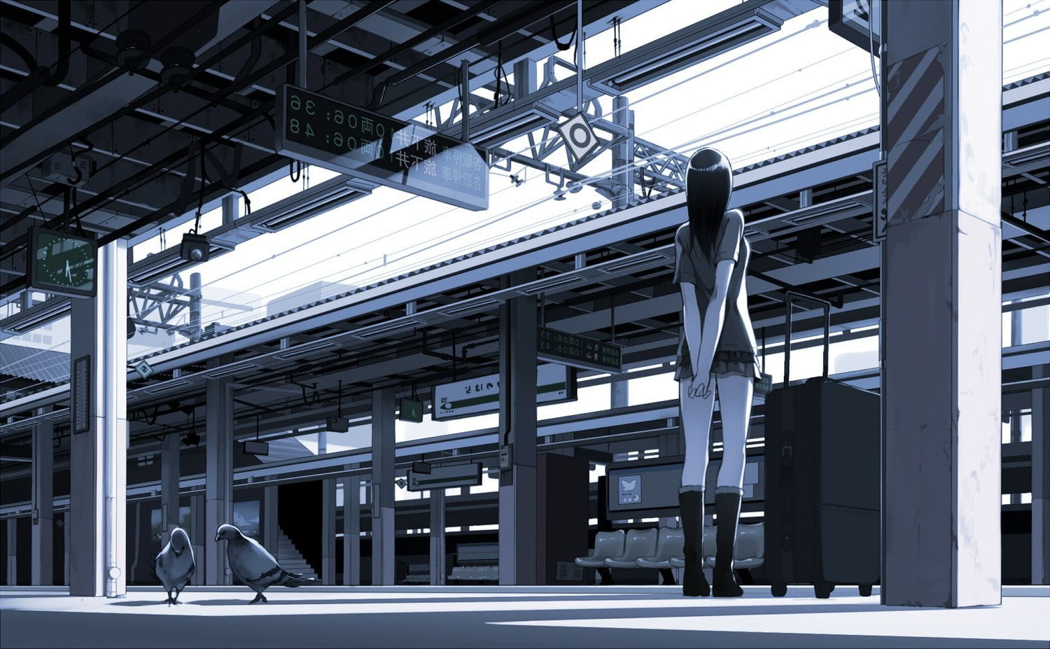 anime anime girls waiting train station pigeons original characters