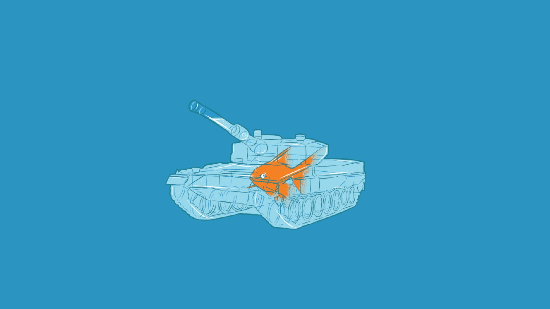 battle tank illustration, minimalism, fish, blue, blue background