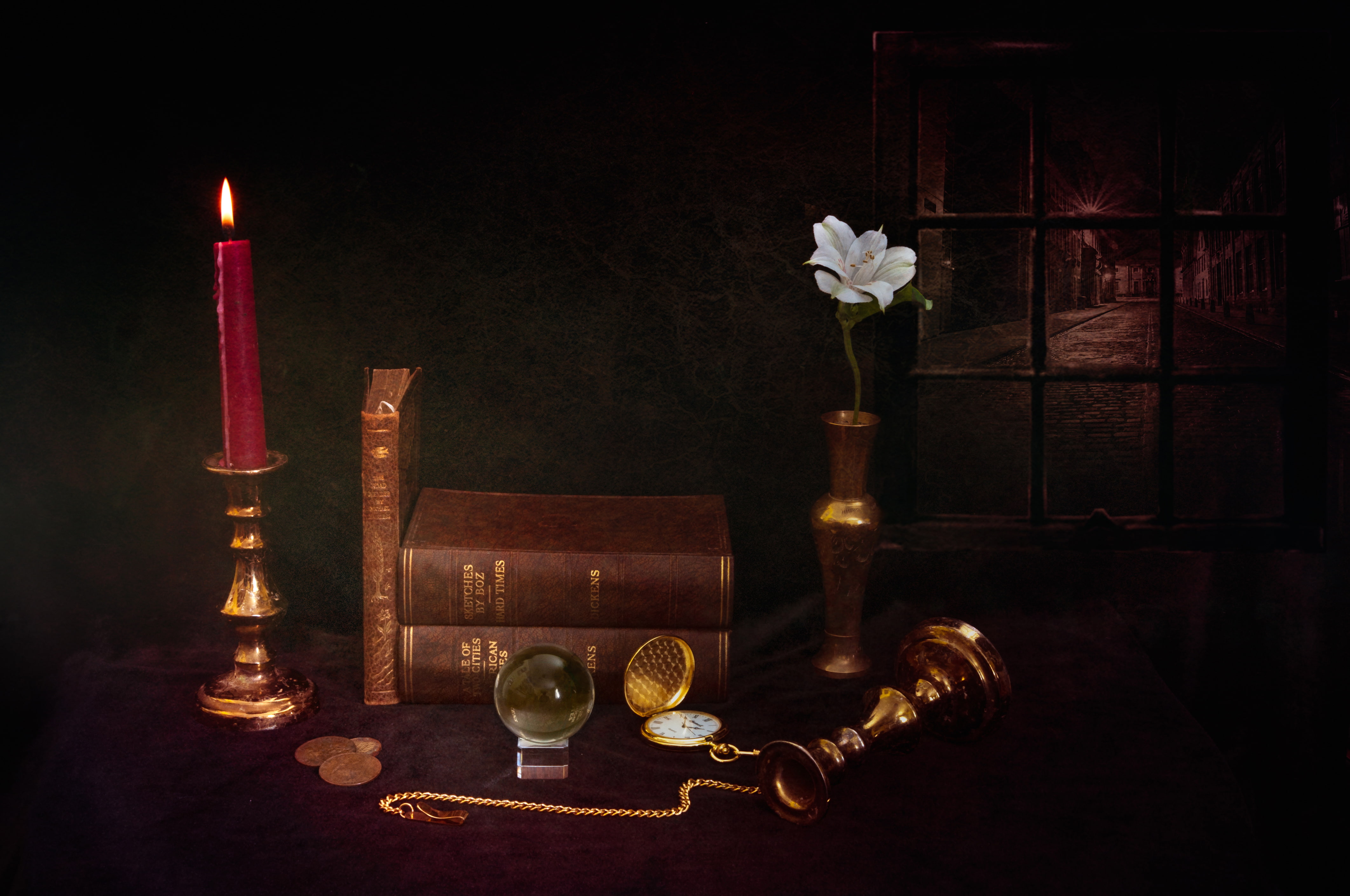 flower, watch, books, candle, coins, still life