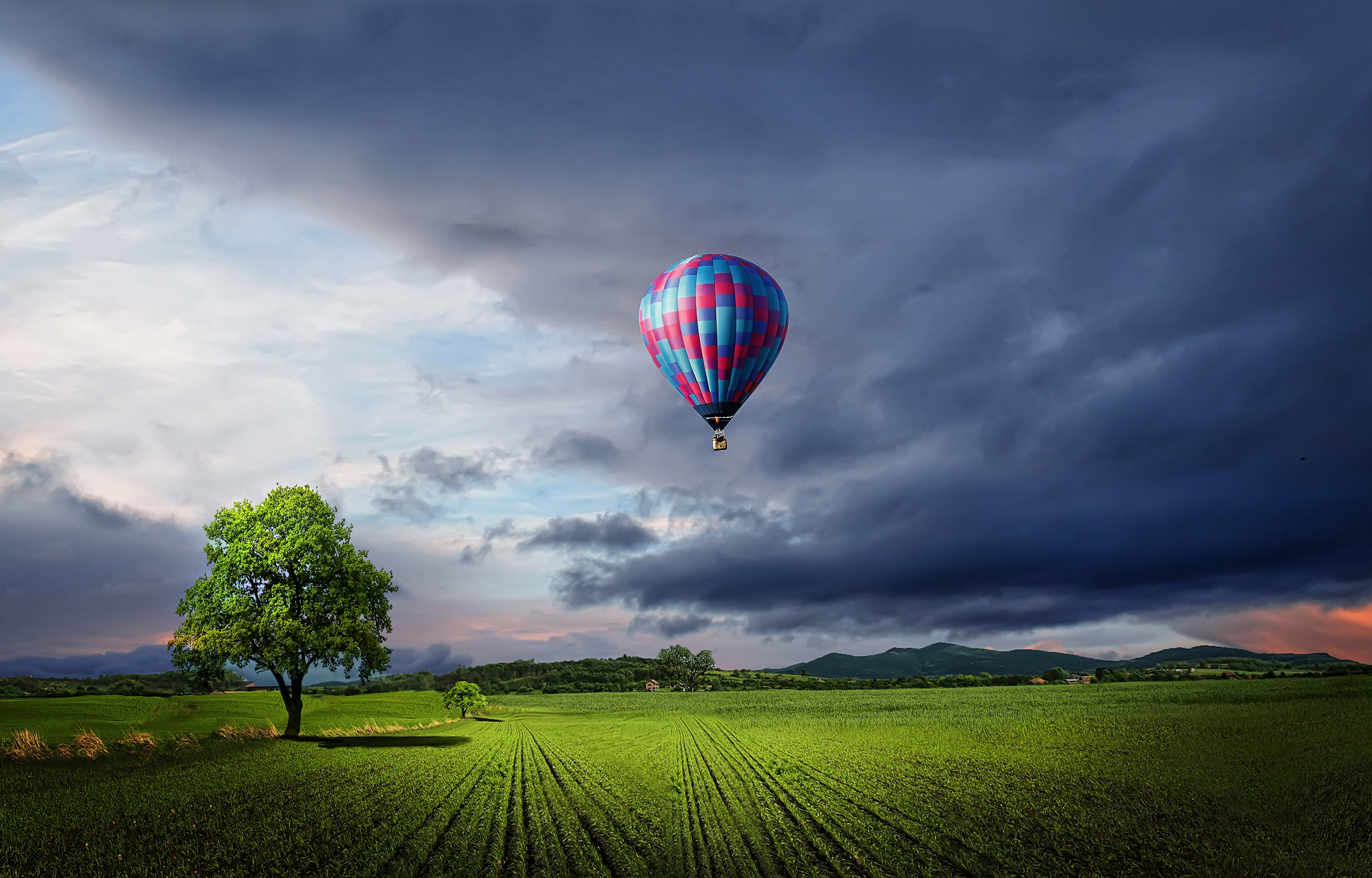 Landscape, 4K, Hot Air Balloon, sky, field, cloud - sky, environment