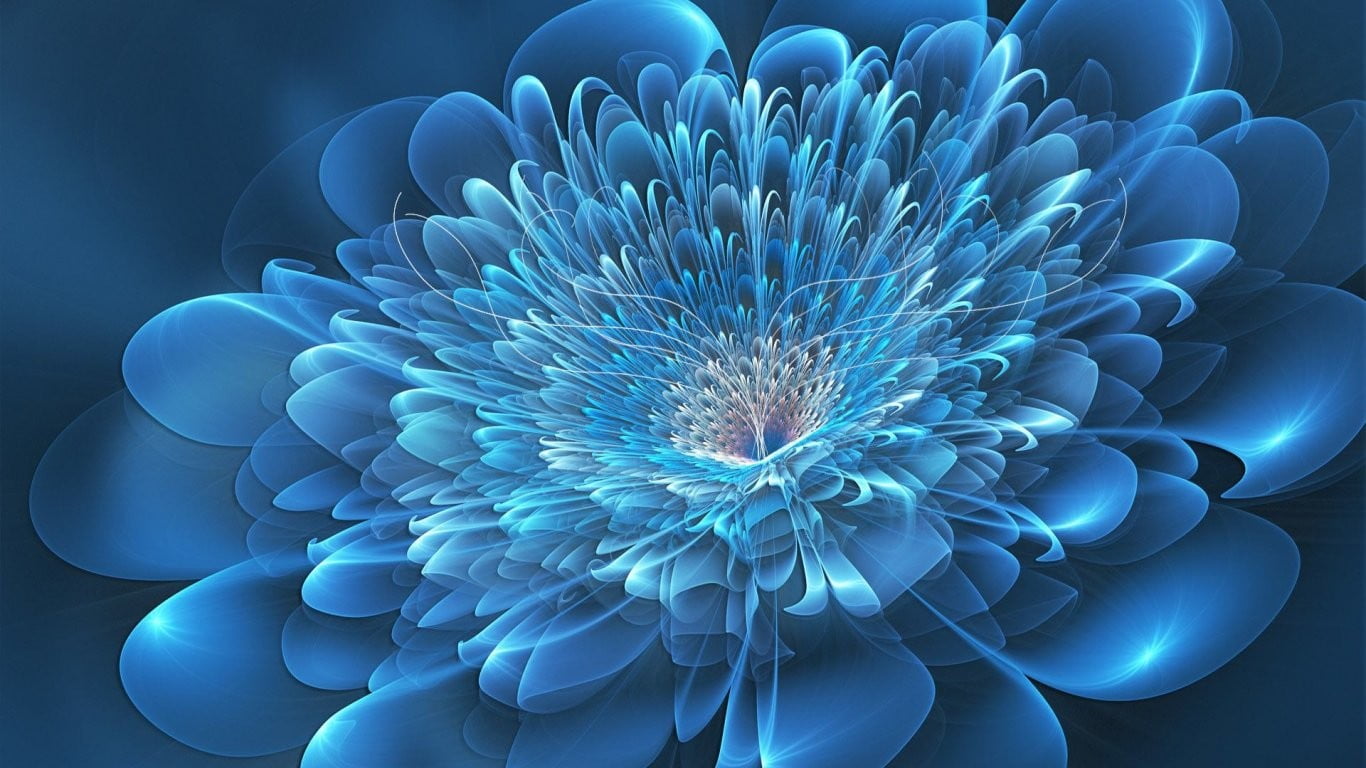 blue and white petaled flower, abstract, flowers, digital art