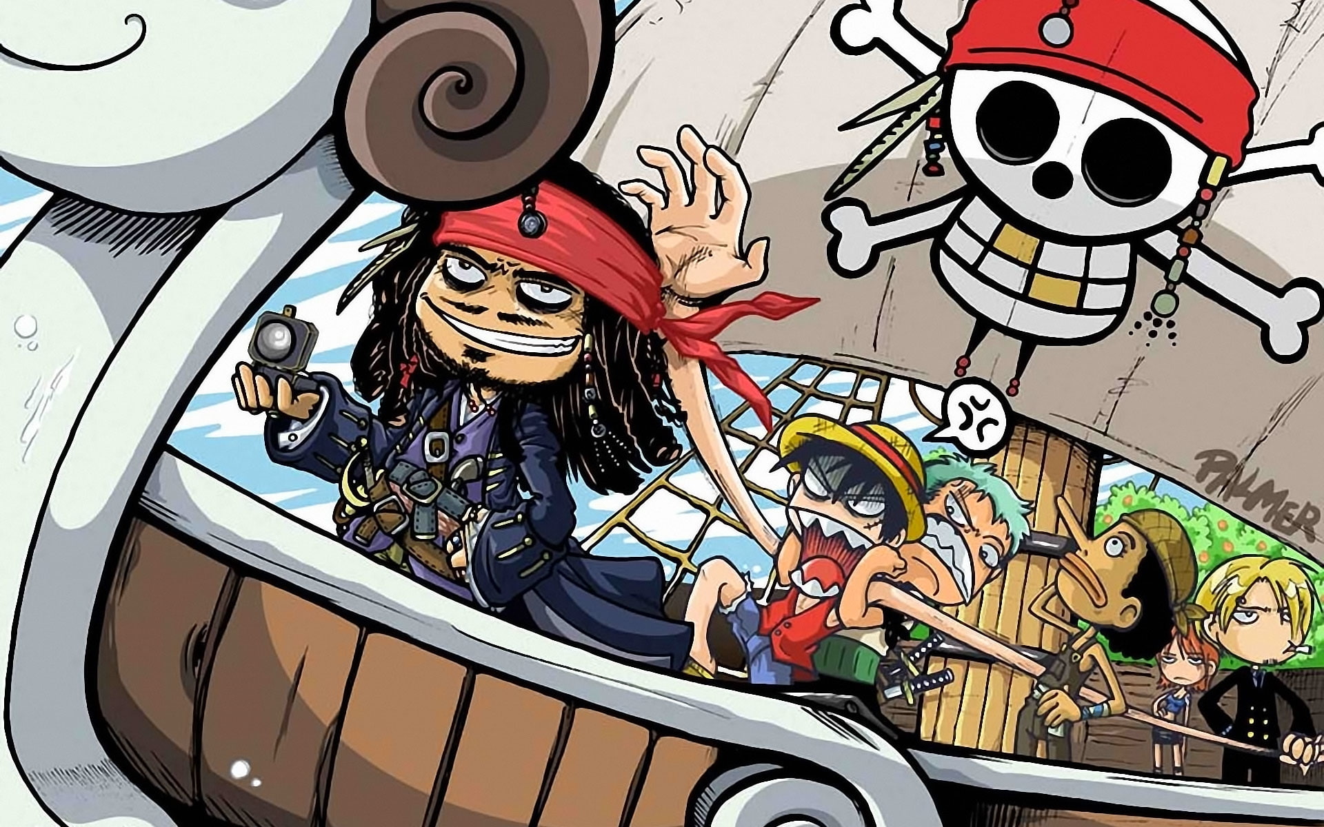 one piece nami luffy zoro sanji pirates of the caribbean jack sparrow fan art 1920x1200  Anime One Piece HD Art