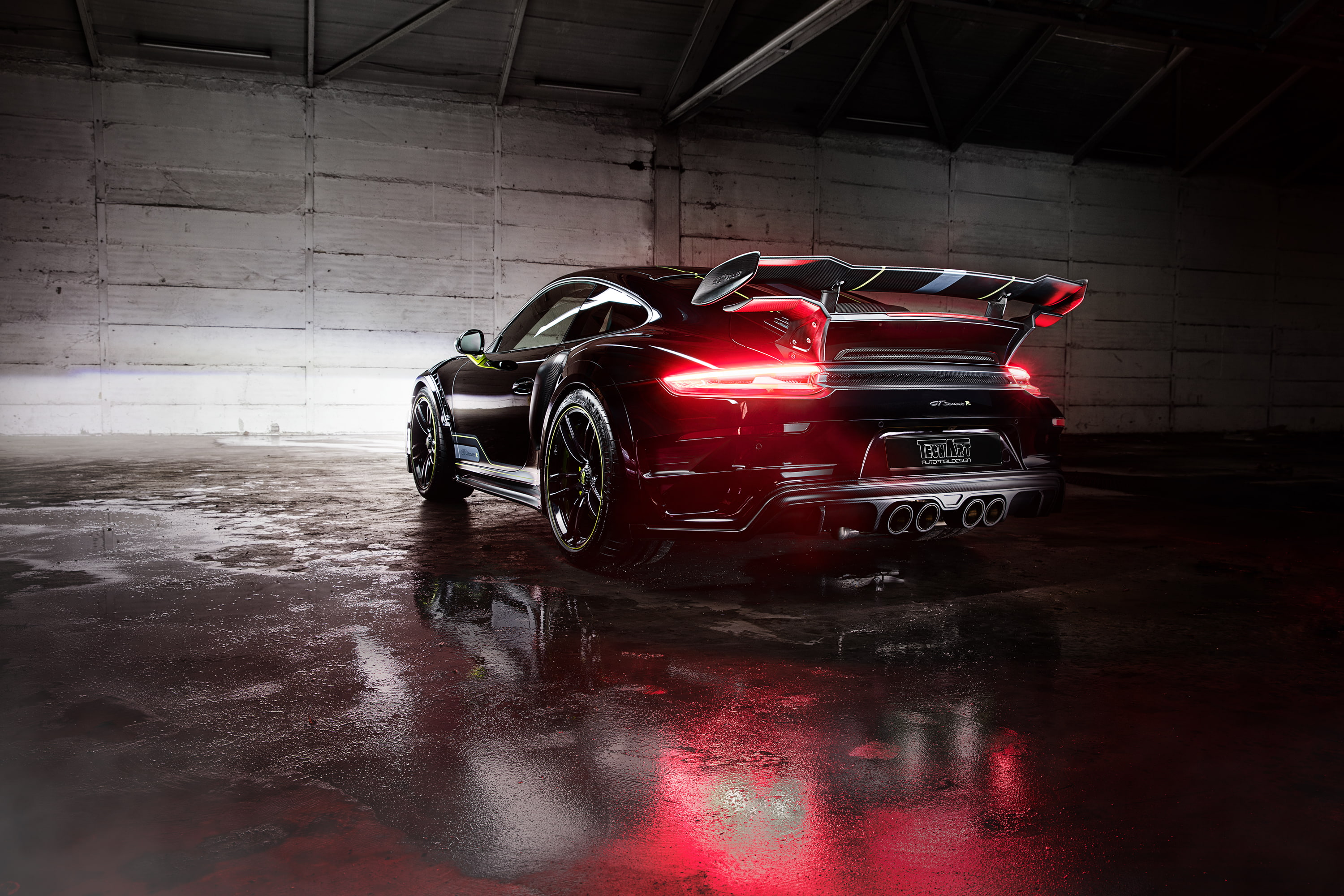 black Porsche 911 inside warehouse, Porsche 911 Turbo S GTStreet R