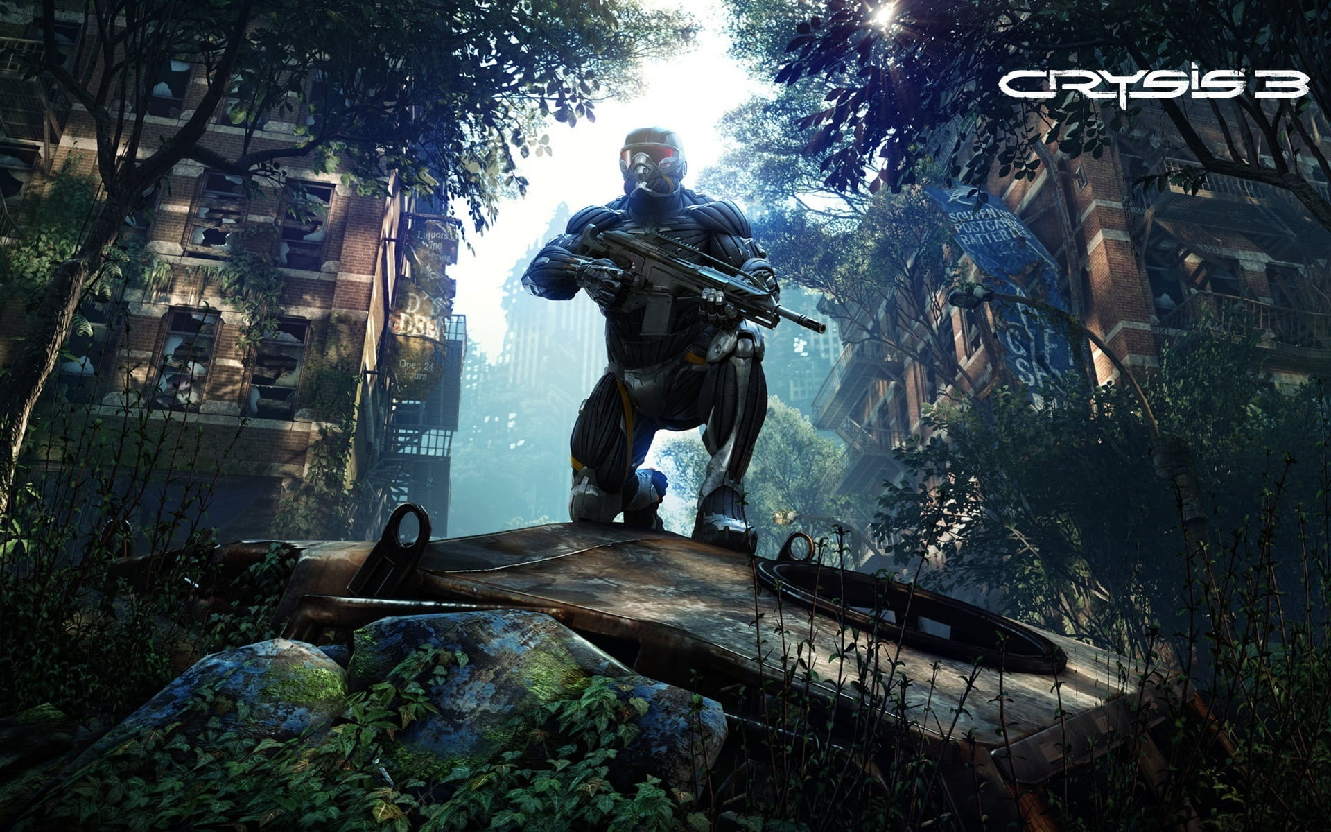 Crysis 3 digital wallpaper, trees, weapons, New York, rust, soldiers