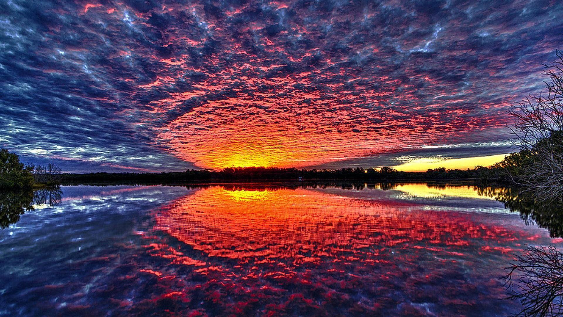 evening, cloud, cloudy, clouds, reflection, mirror, sunset