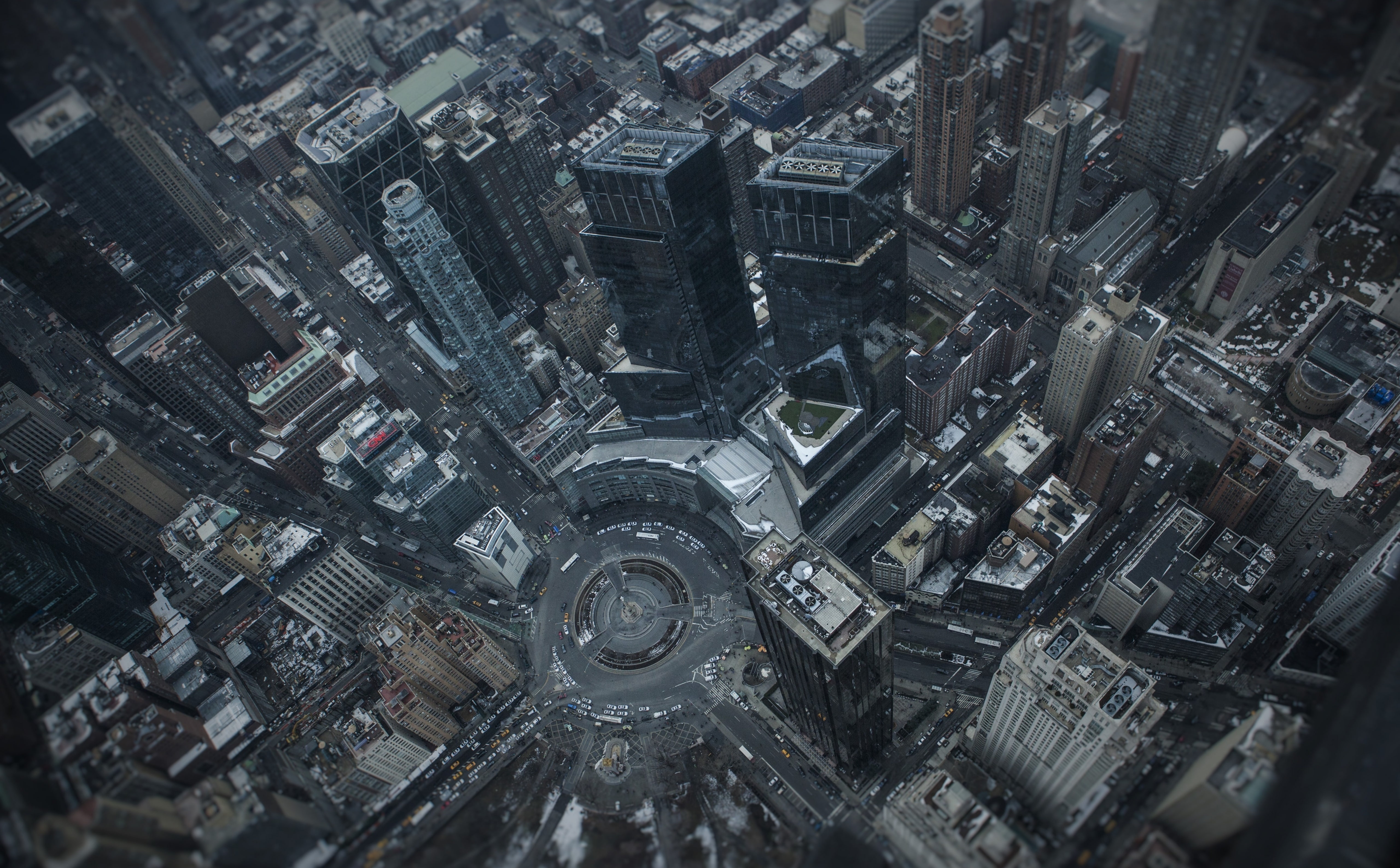 Flying above Columbus Circle, New York City, United States, Buildings