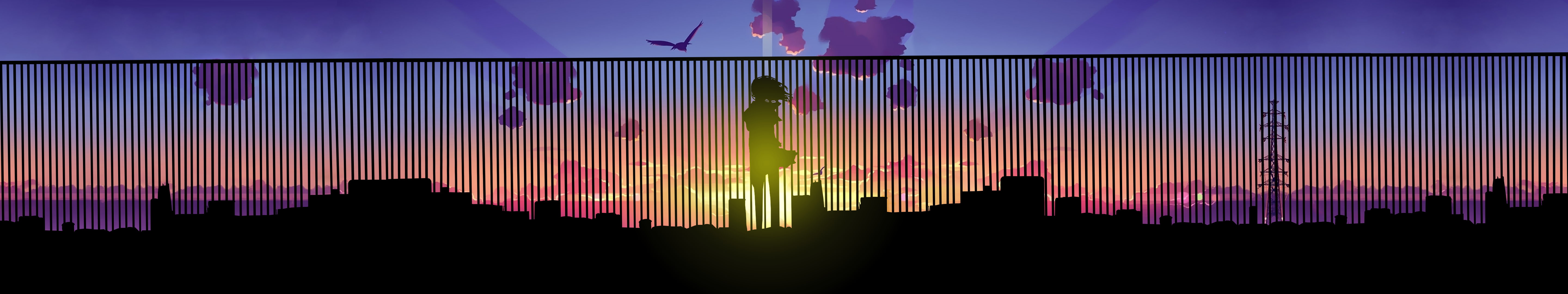 triple screen, anime, multiple display, city, sunset, horizon