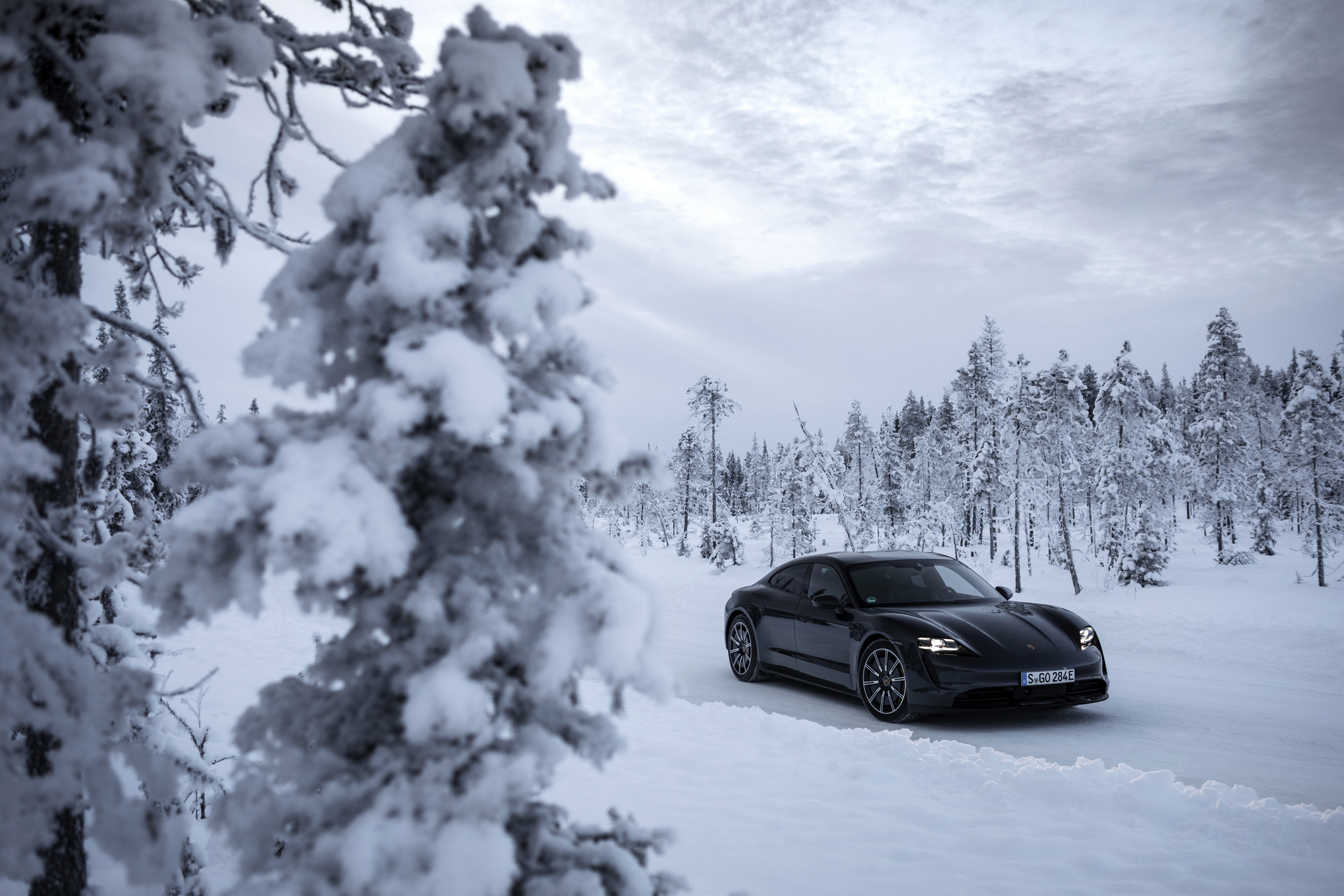 Porsche, Porsche Taycan 4S, Black Car, Snow, Sport Car, Vehicle