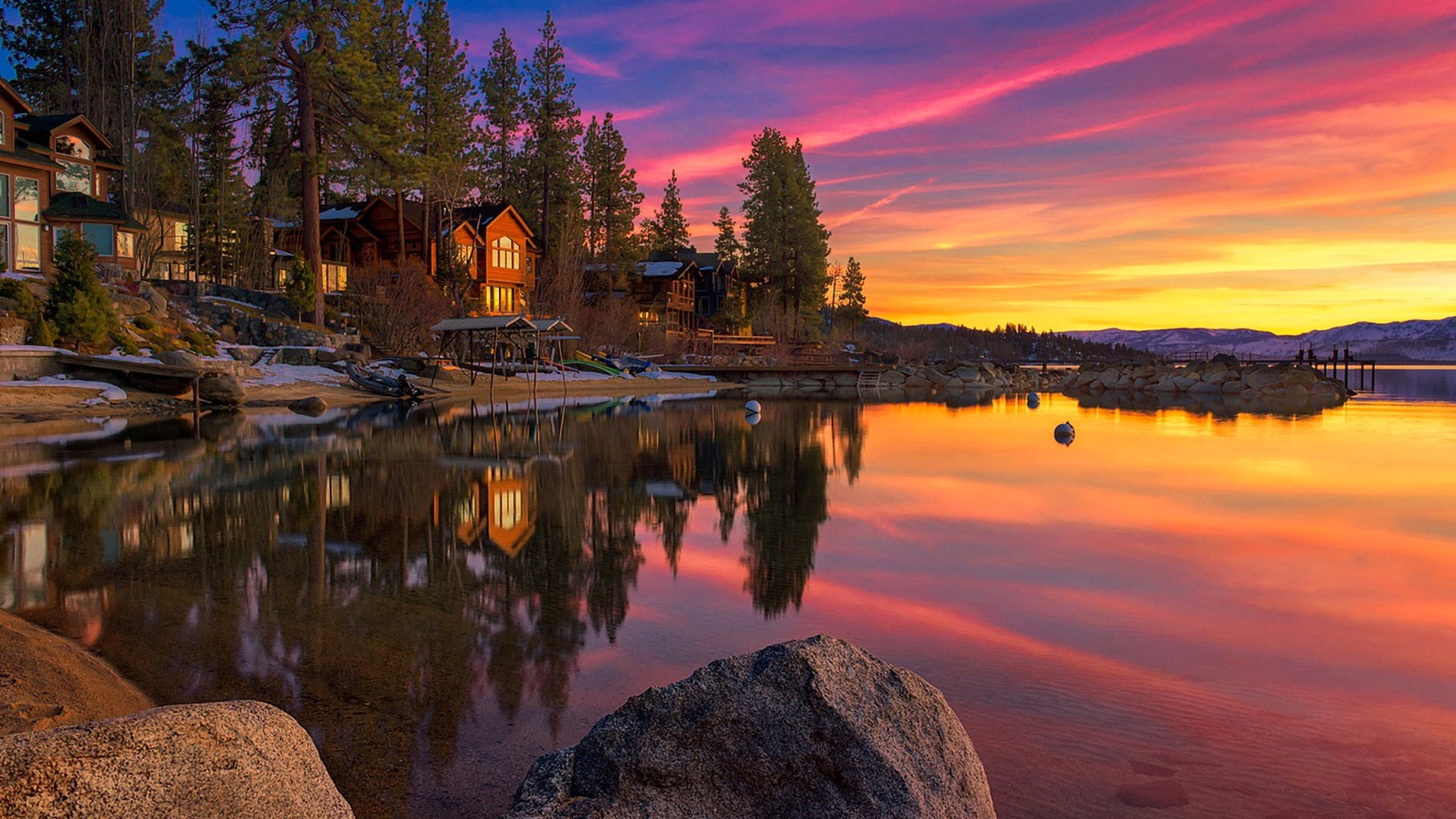 California, USA, Tahoe Lake, sunset, rocks, trees, houses