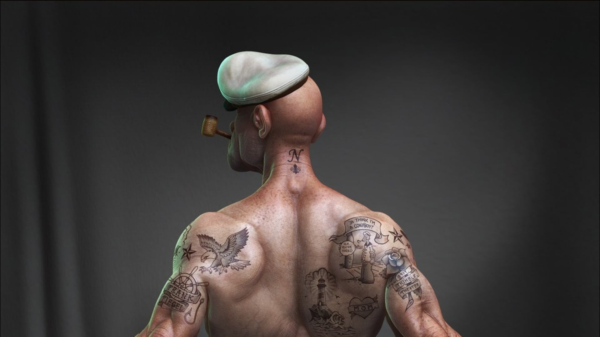 Popeye, fantasy, sailor, luminos, cg, tattoo, man, hat, shirtless