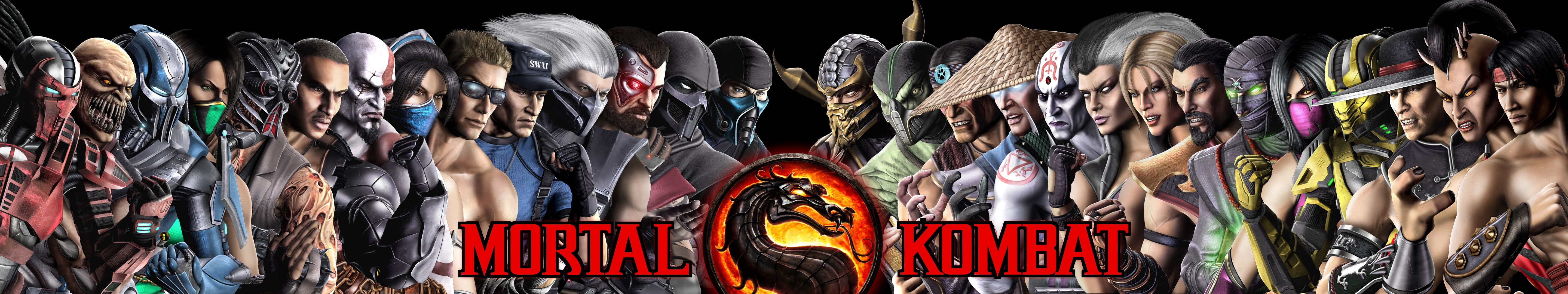 kratos mortal kombat characters raiden multiscreen conical hats mortal kombat logo 5760x1080 wall Video Games Mortal Kombat HD Art