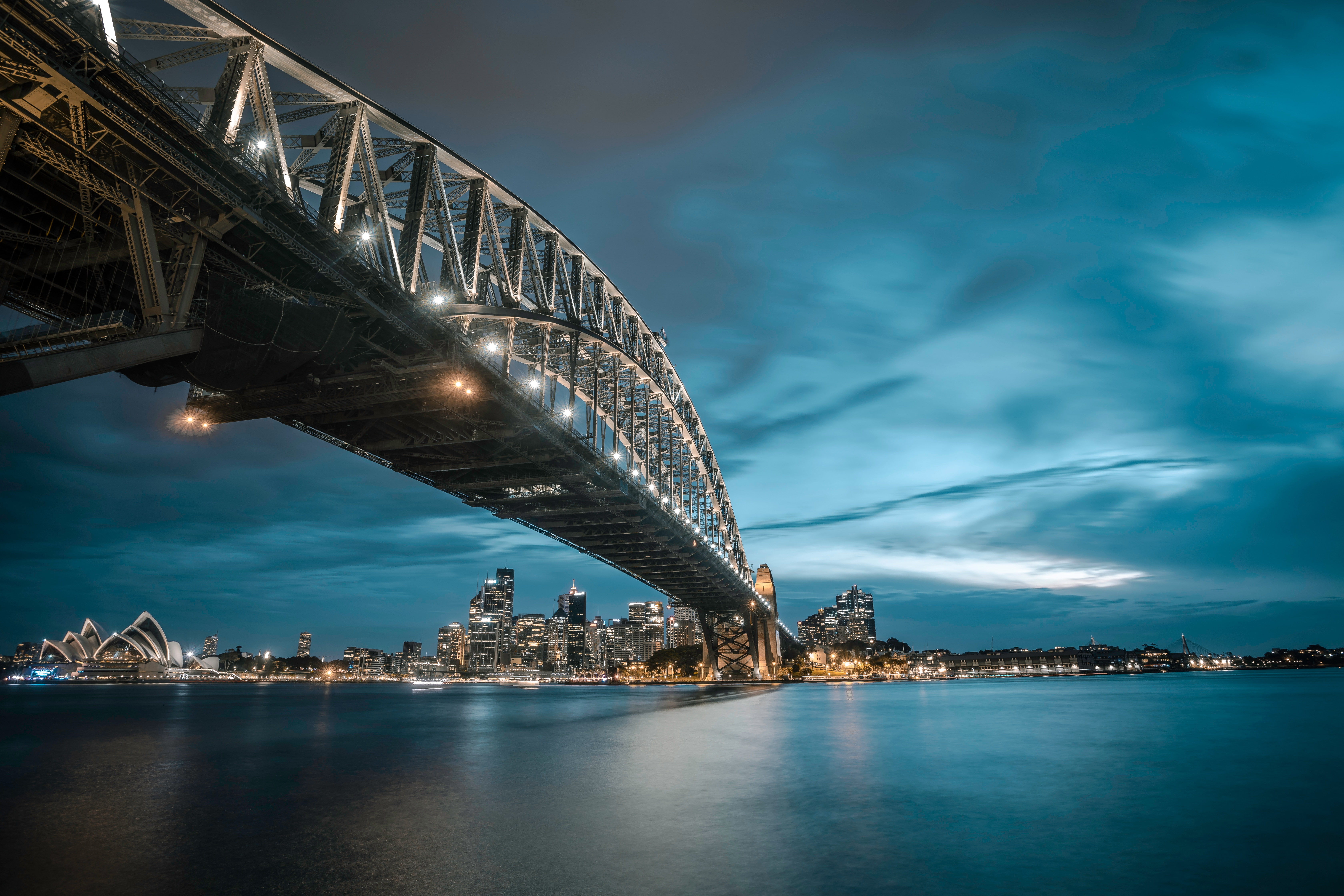 Sydney Harbour, city lights, water, clouds, bridge, Sydney Harbour Bridge