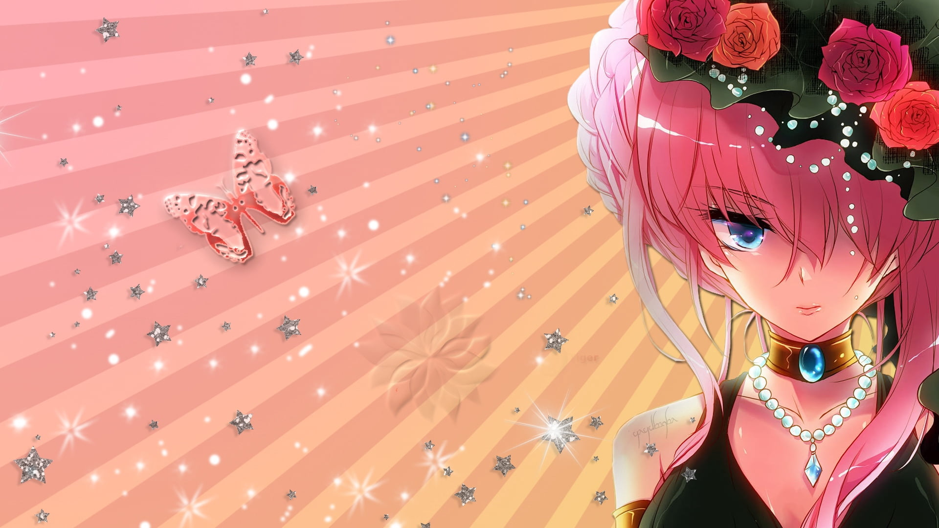 pink haired girl illustration, anime, wreath, rose, decoration
