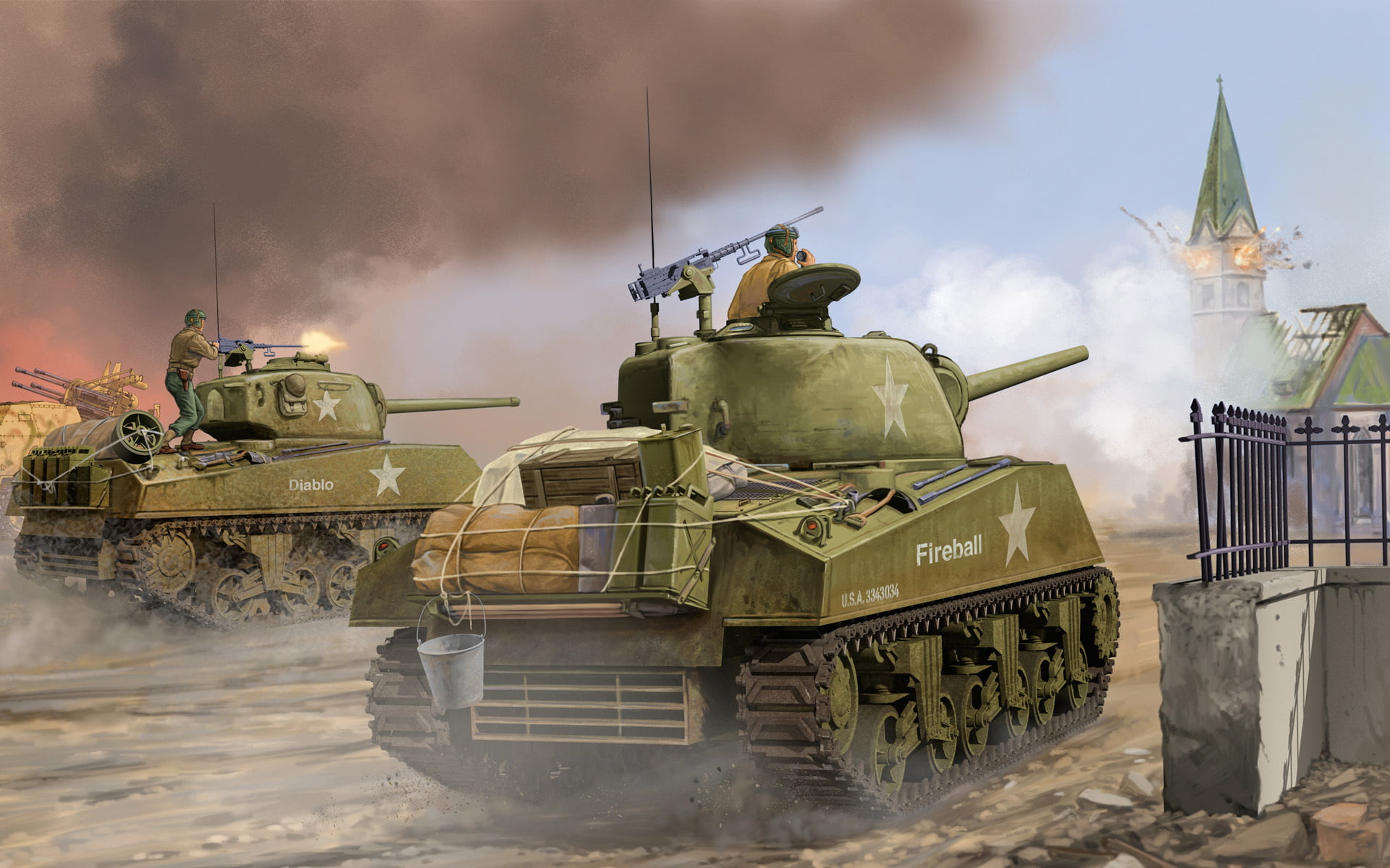 two green battle tanks digital wallpaper, art, the battle, game