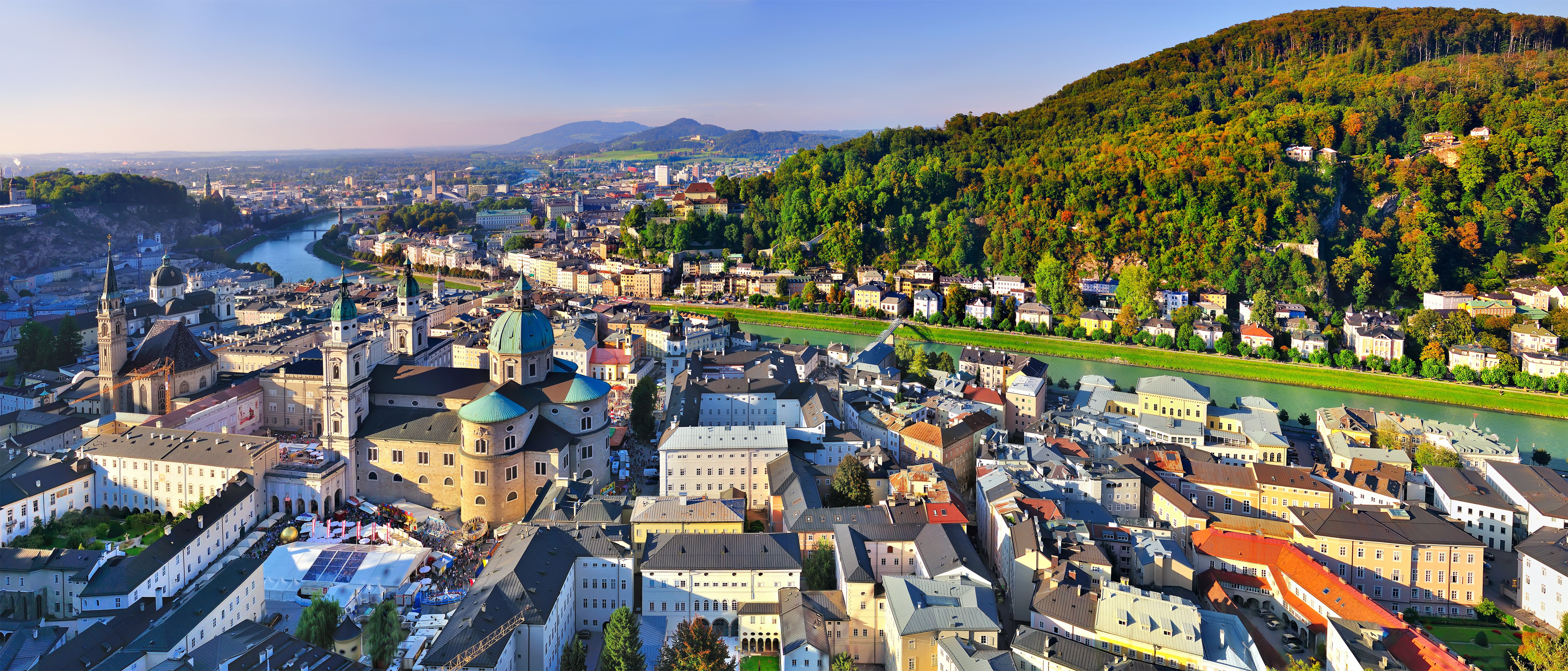 Home, Mountains, The city, River, Austria, panorama, Salzburg