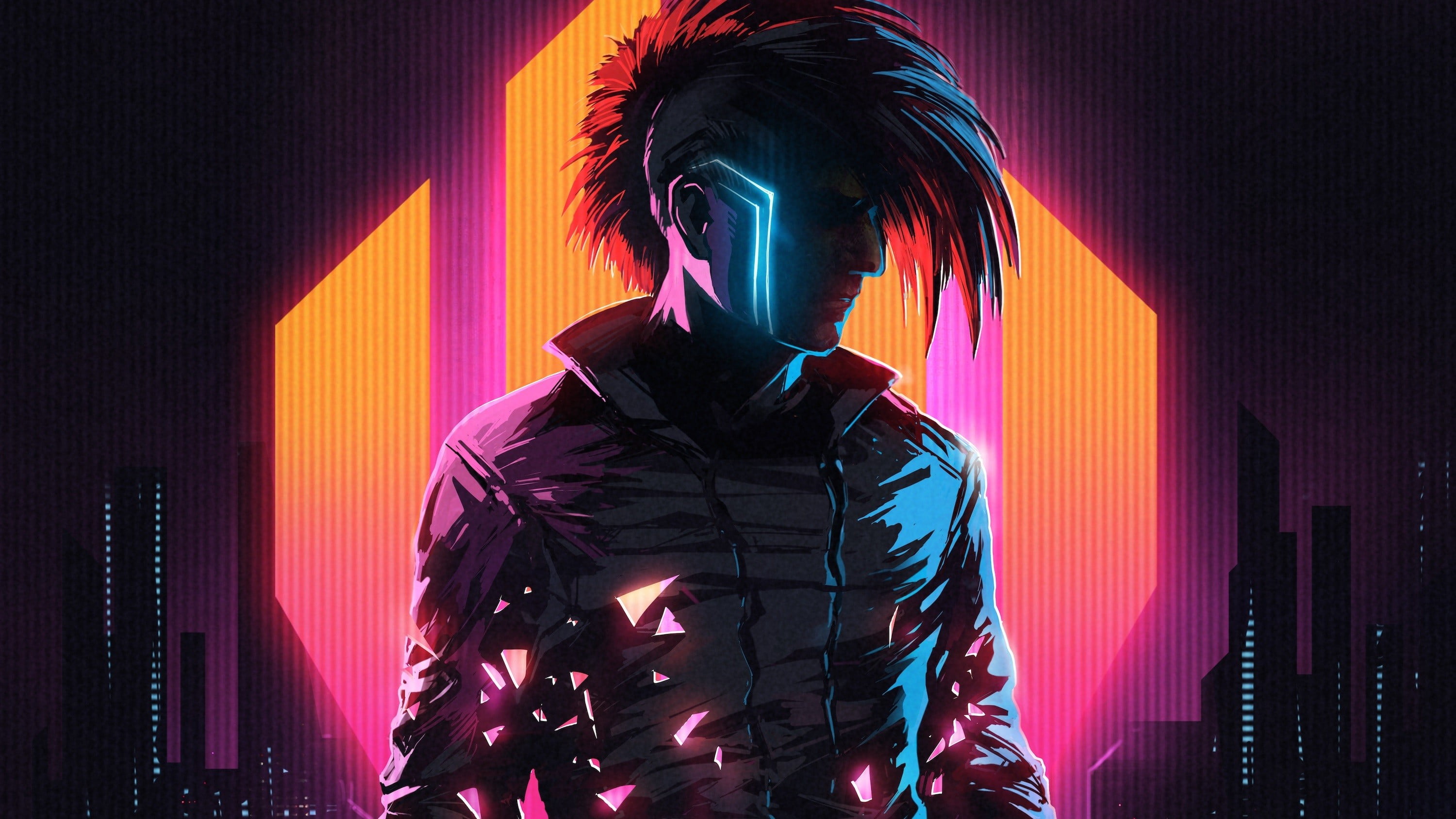 man wearing gray top illustration, silhouette of man with neon colors