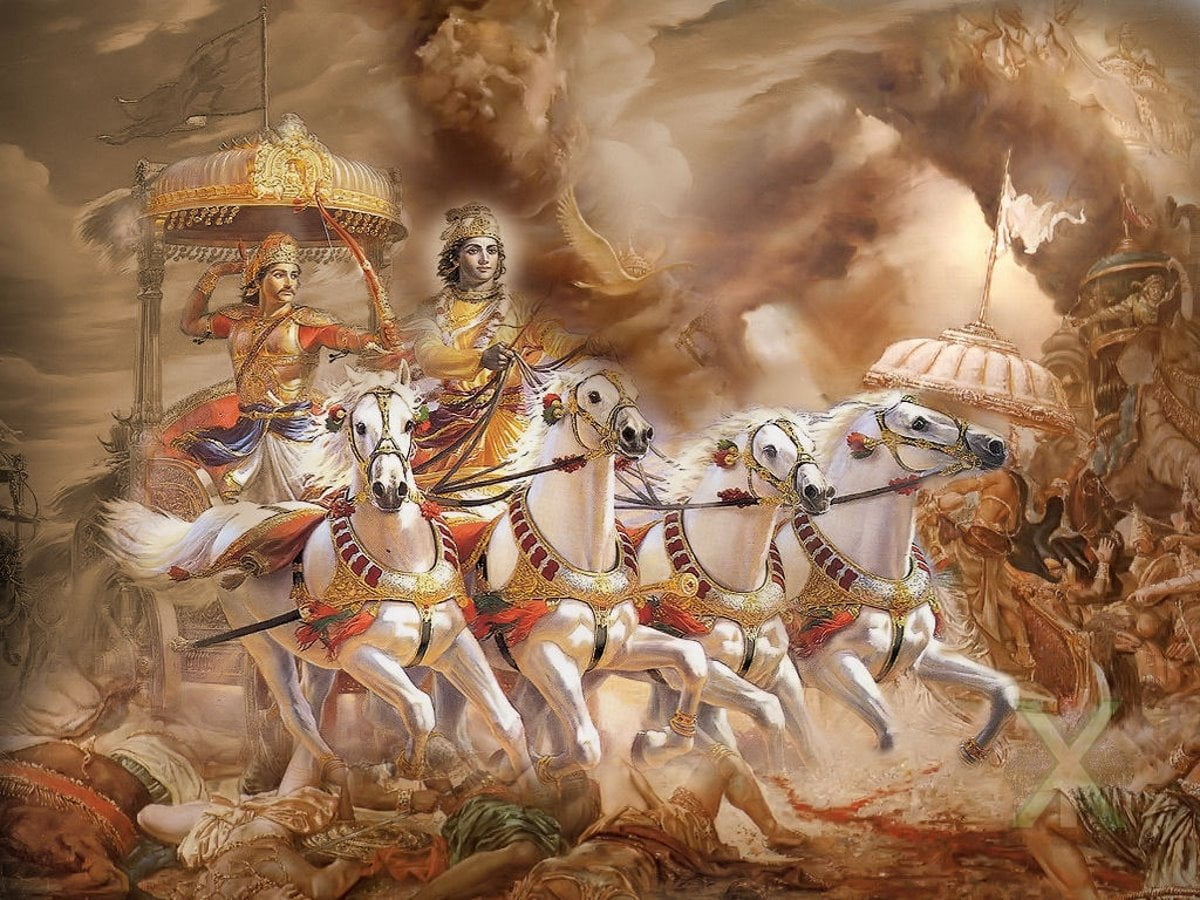 Krishna Bhagavad Gita, two men riding horses under brown sky painting