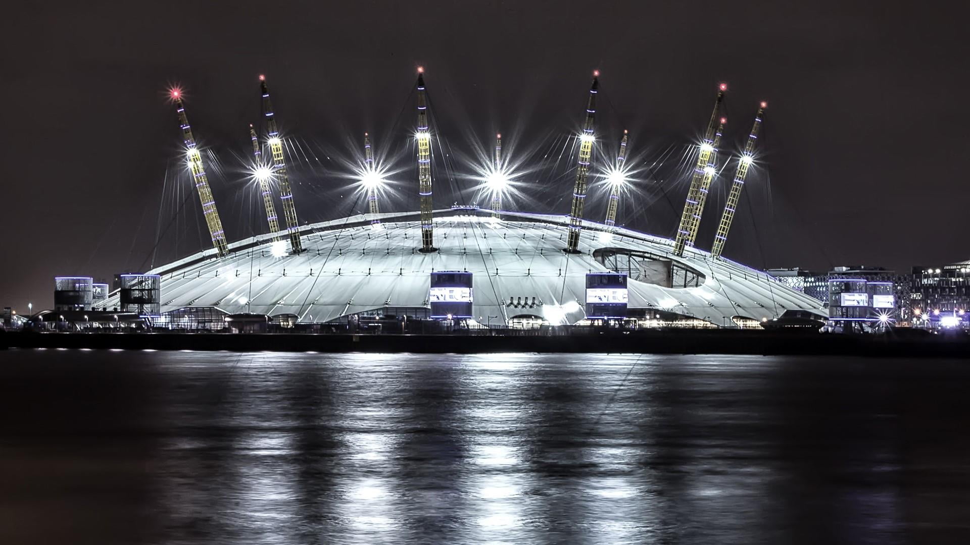 reflection, night, structure, river, cityscape, o2 arena, light