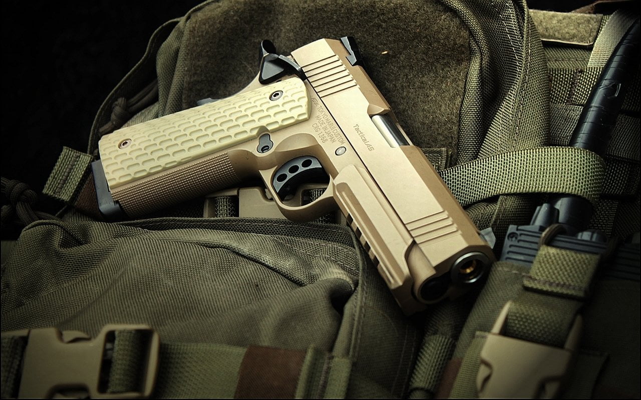 beige semi-automatic pistol, Weapons, gun, handgun, indoors, violence