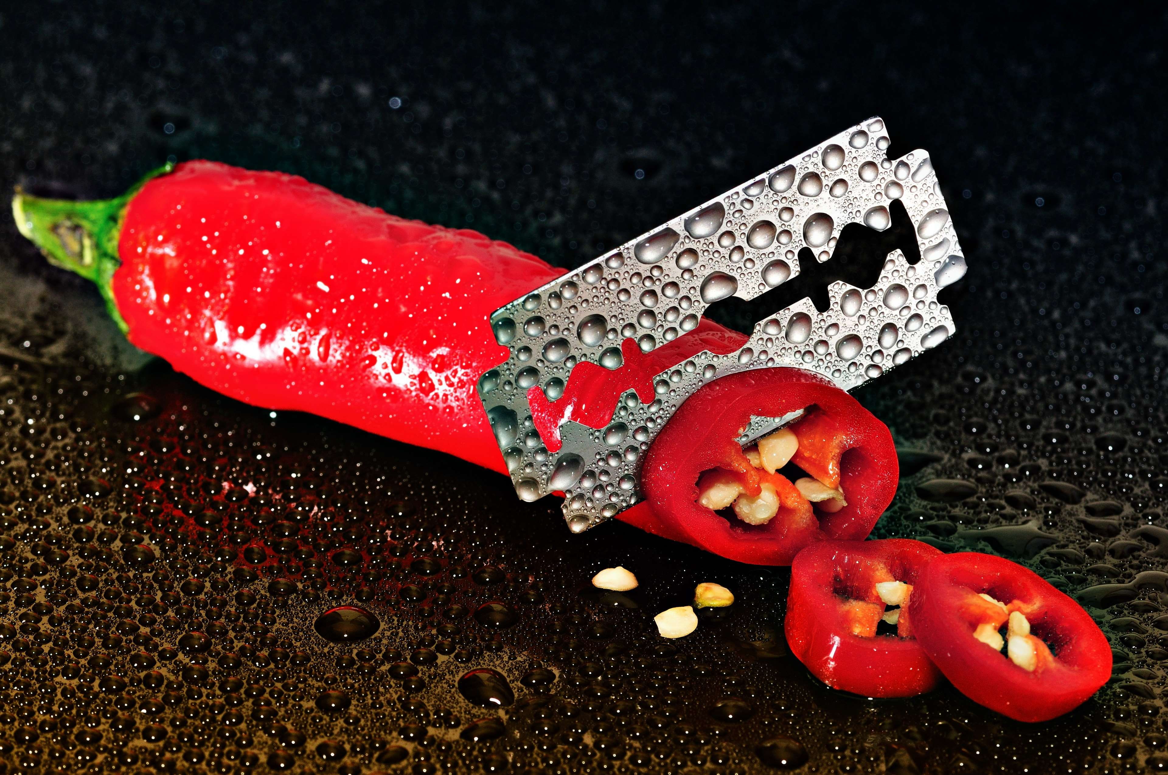 blade, chili pepper, moist, moisture, razor blade, red, seeds
