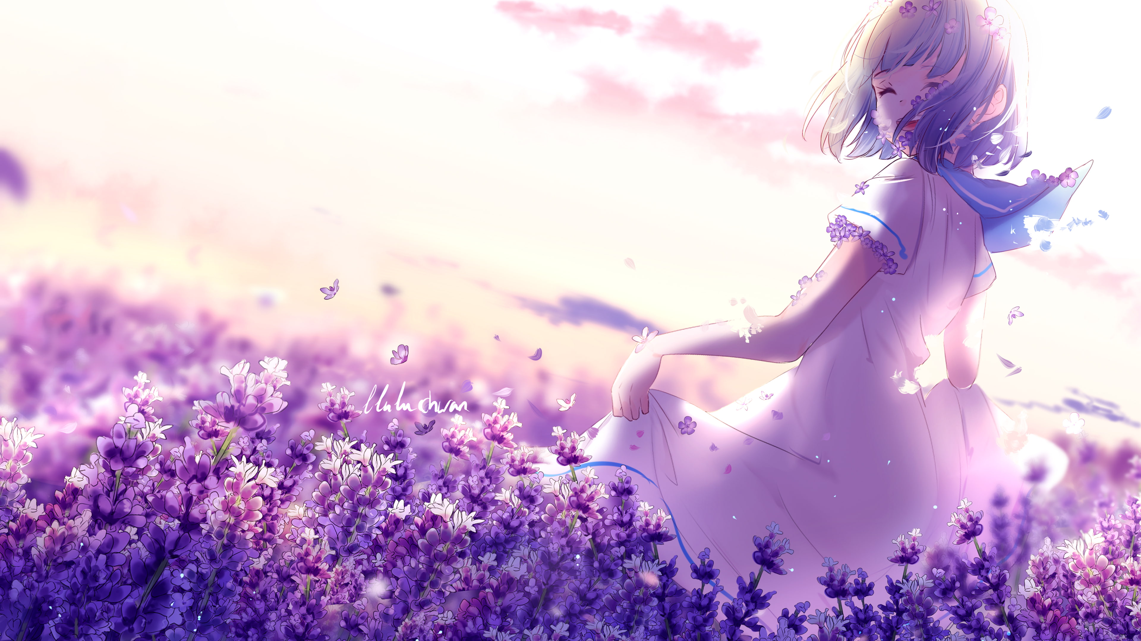 Anime Girl Lavender Purple Flowers 4K, flowering plant, one person