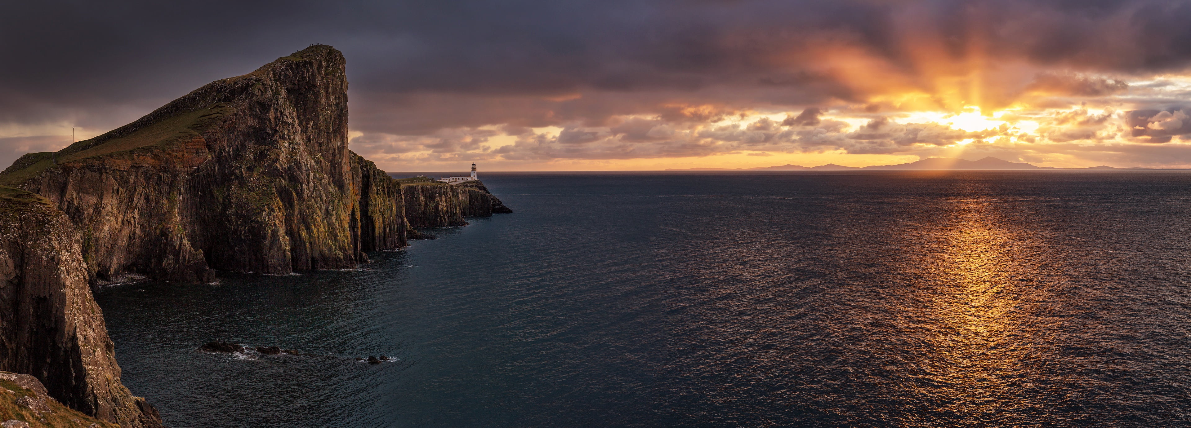 sea, sunset, lighthouse, Scotland, horizon, Cape, Neist Point