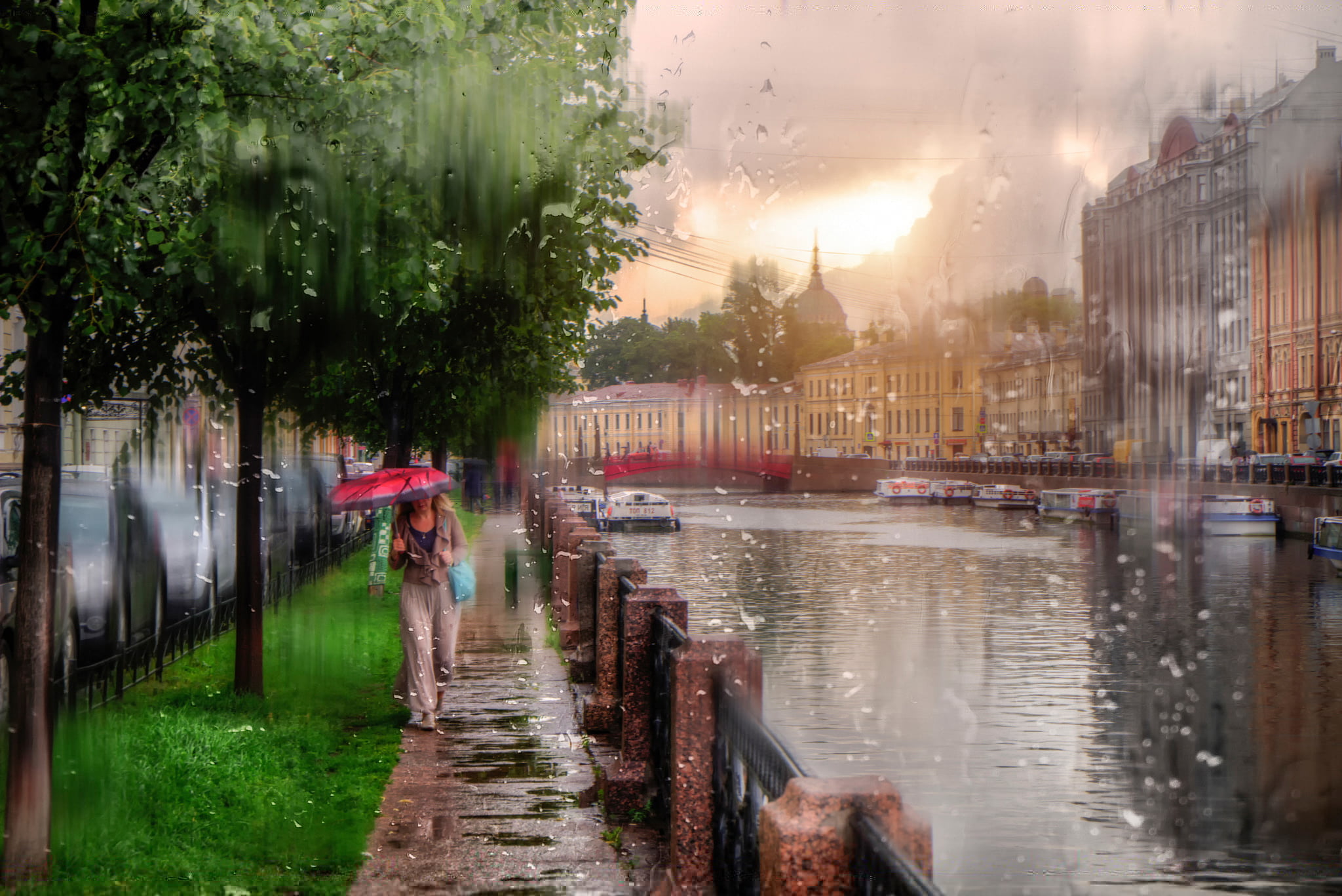 red umbrella, girl, drops, rain, Saint Petersburg, Russia, people