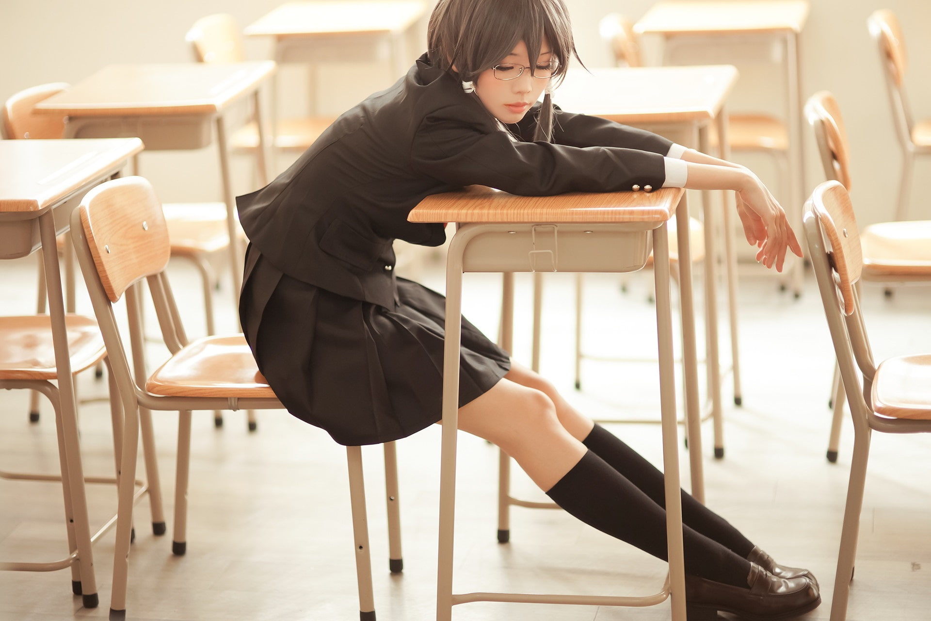 brunette, schoolgirl, knee-highs, school uniform, women with glasses