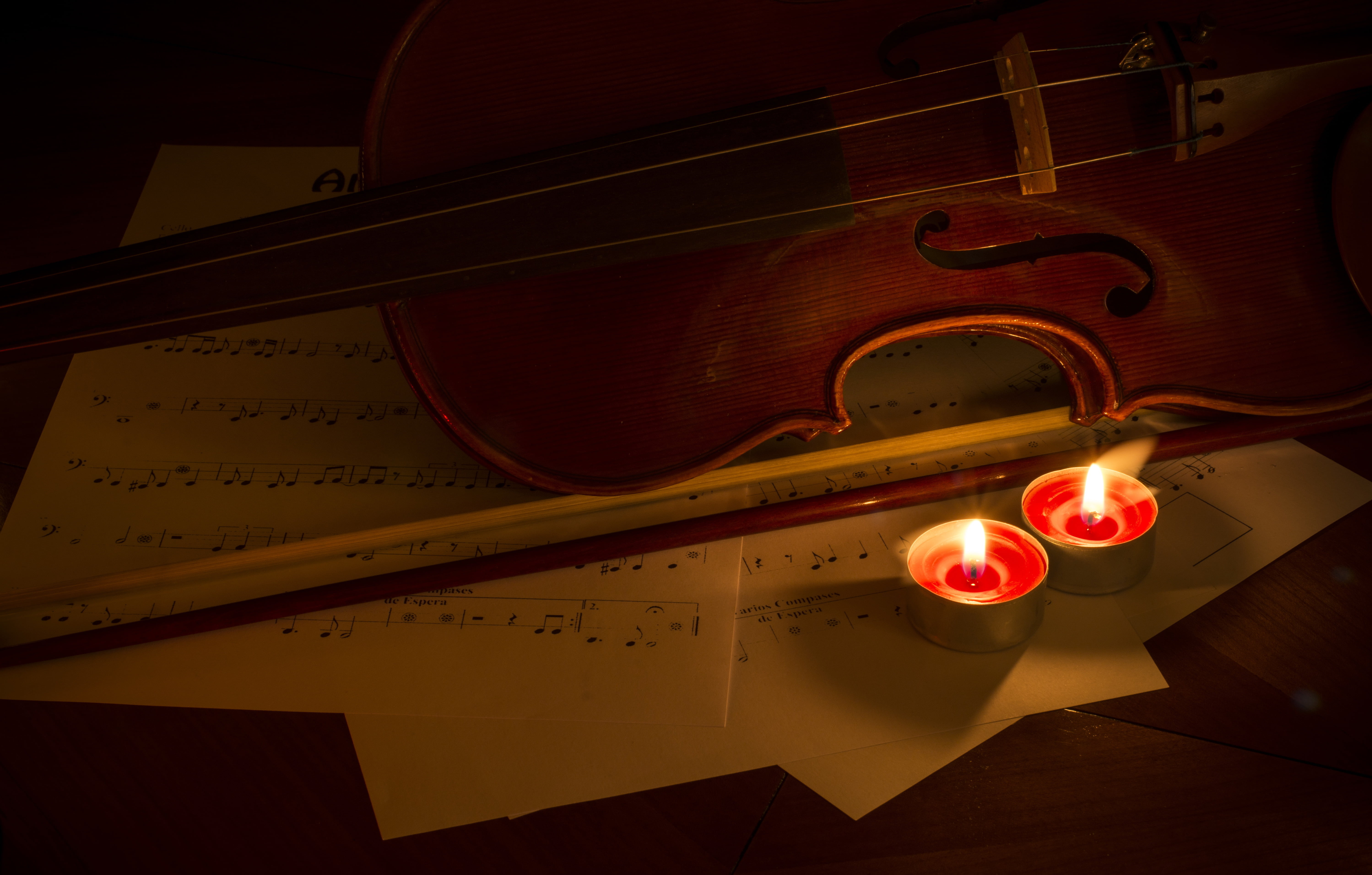 notes, music, violin, candles, illuminated, indoors, burning
