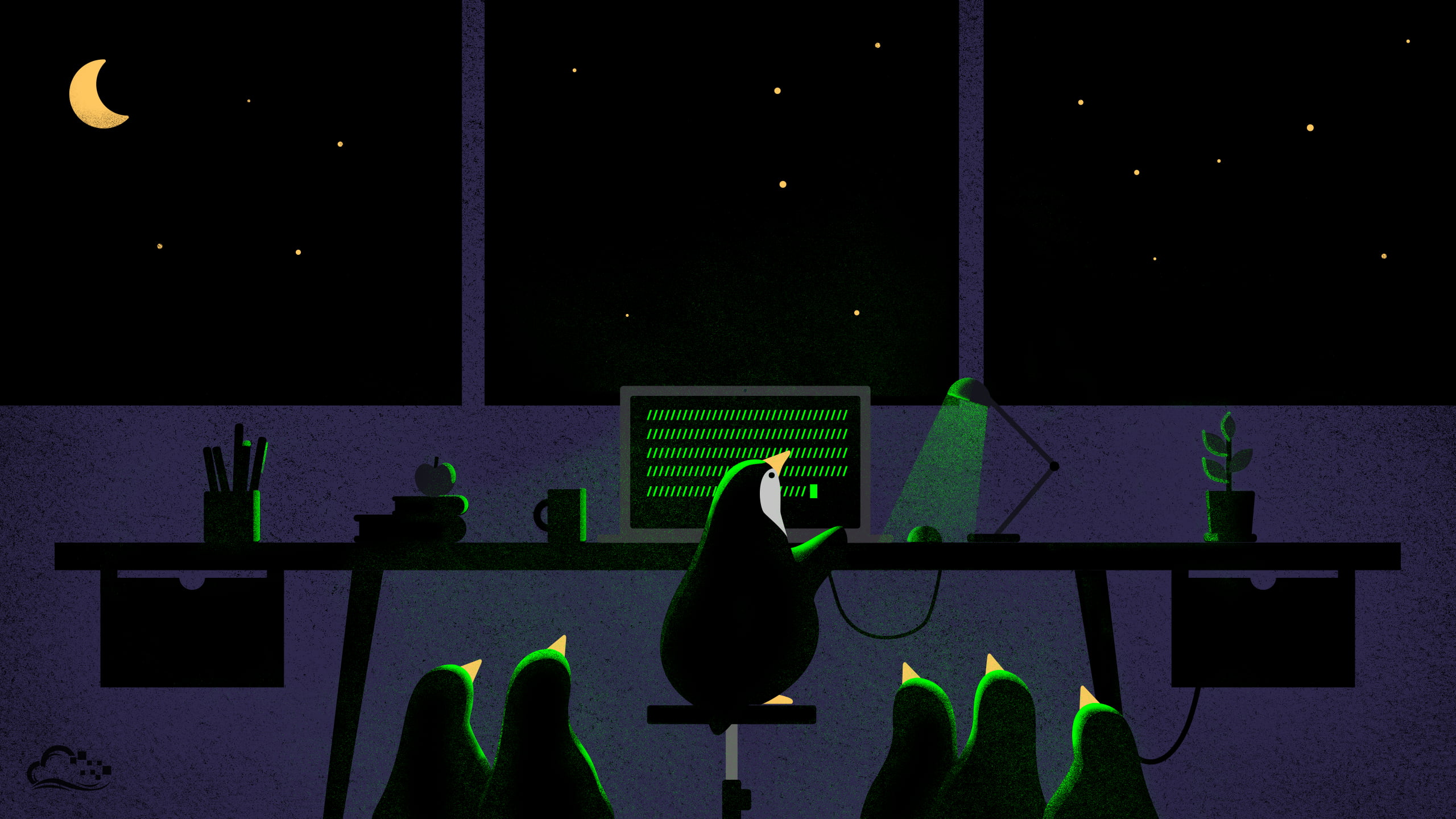 penguins near black desk illustration, digitalocean, night, computer