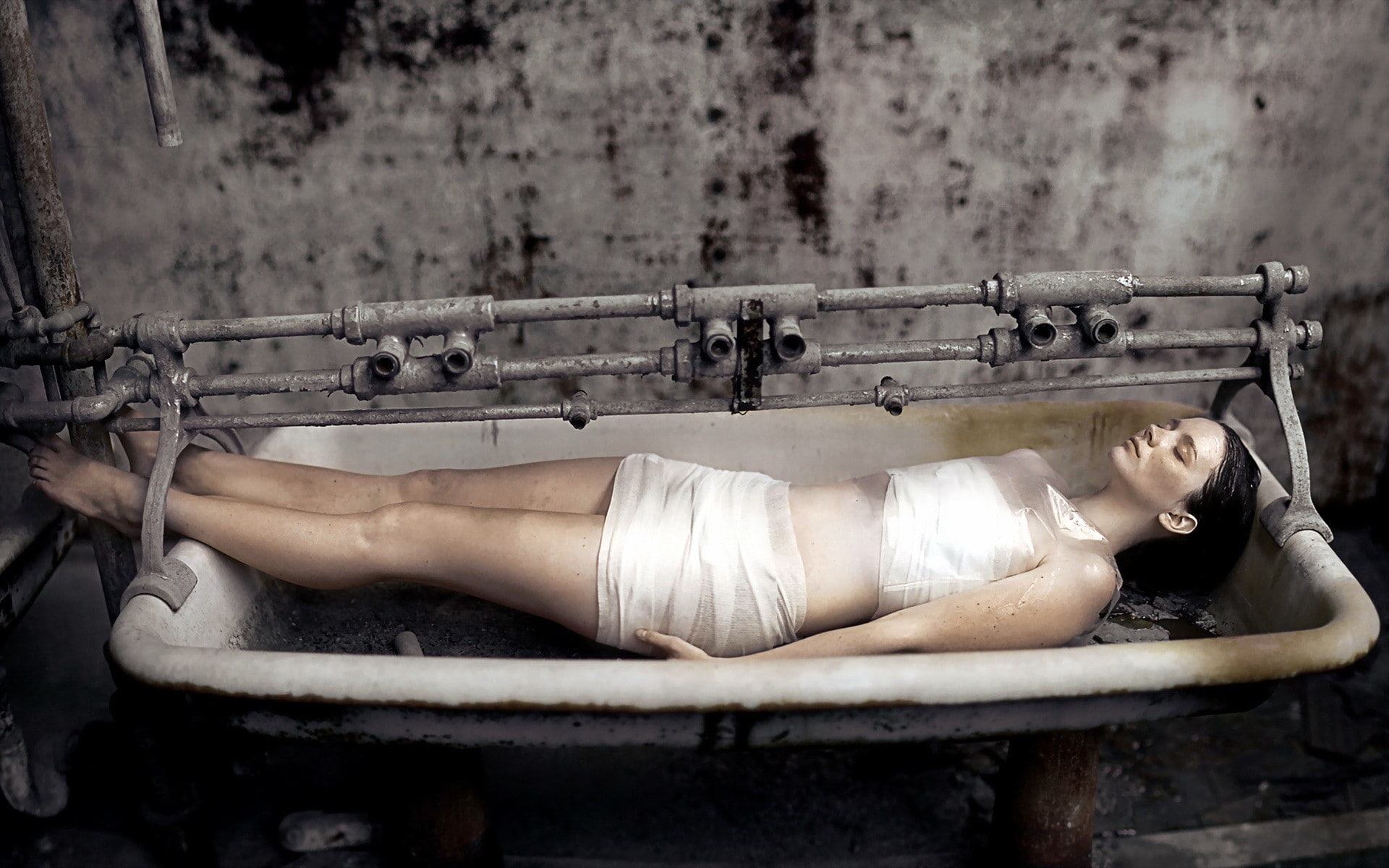 women, model, ruins, pipes, bathtub, lying down, one person