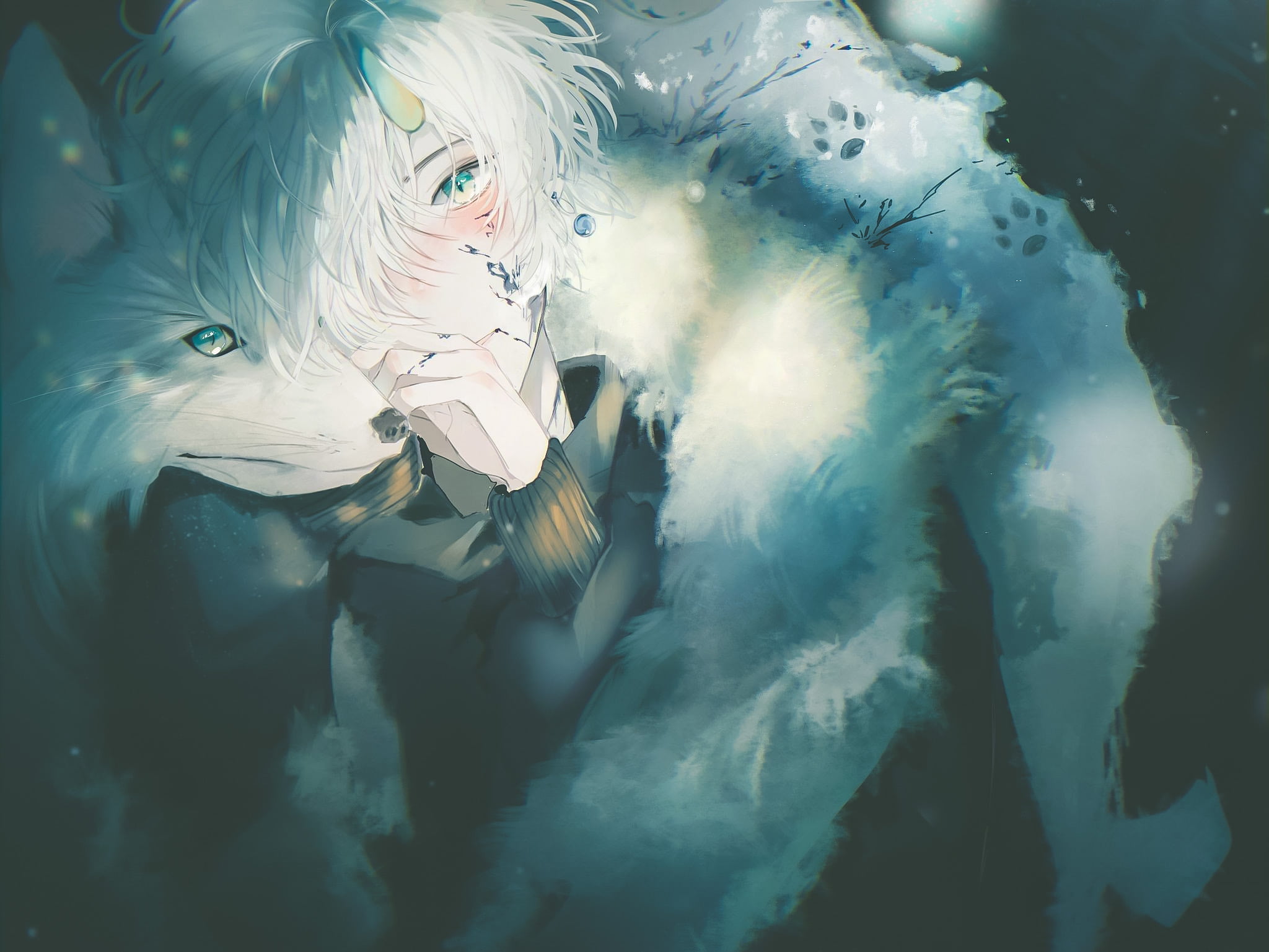 Anime, Original, Boy, Green Eyes, White Hair, Wolf