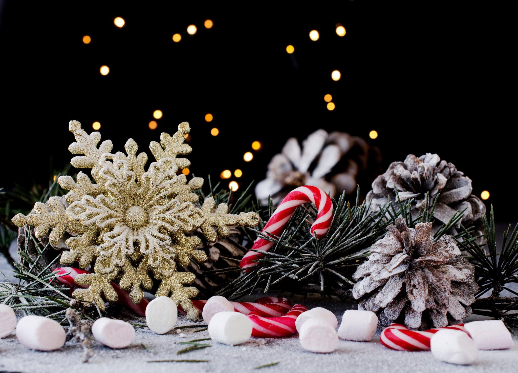 brown pinecones, gold snowflake, candy canes and marshmallows