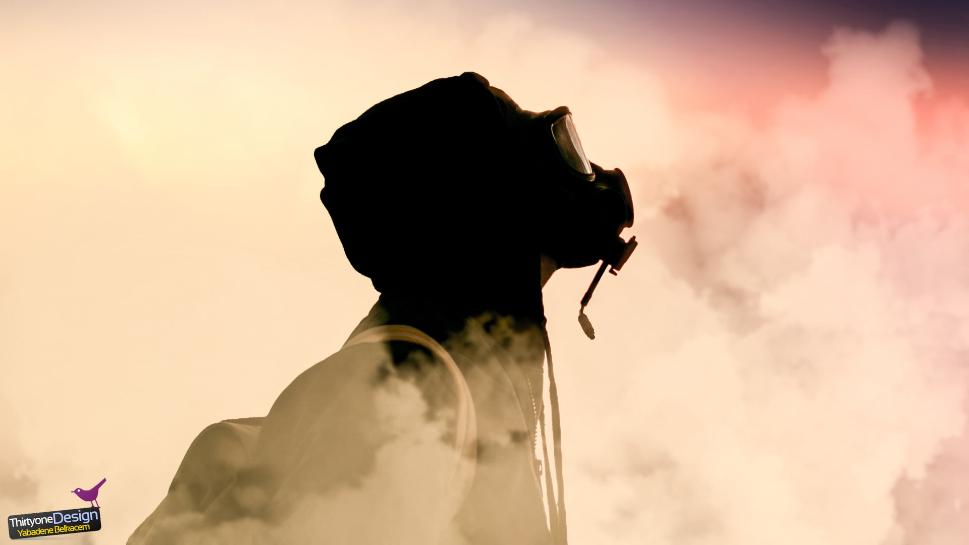 gas masks, smoke, sky, headshot, sunset, one person, men, portrait
