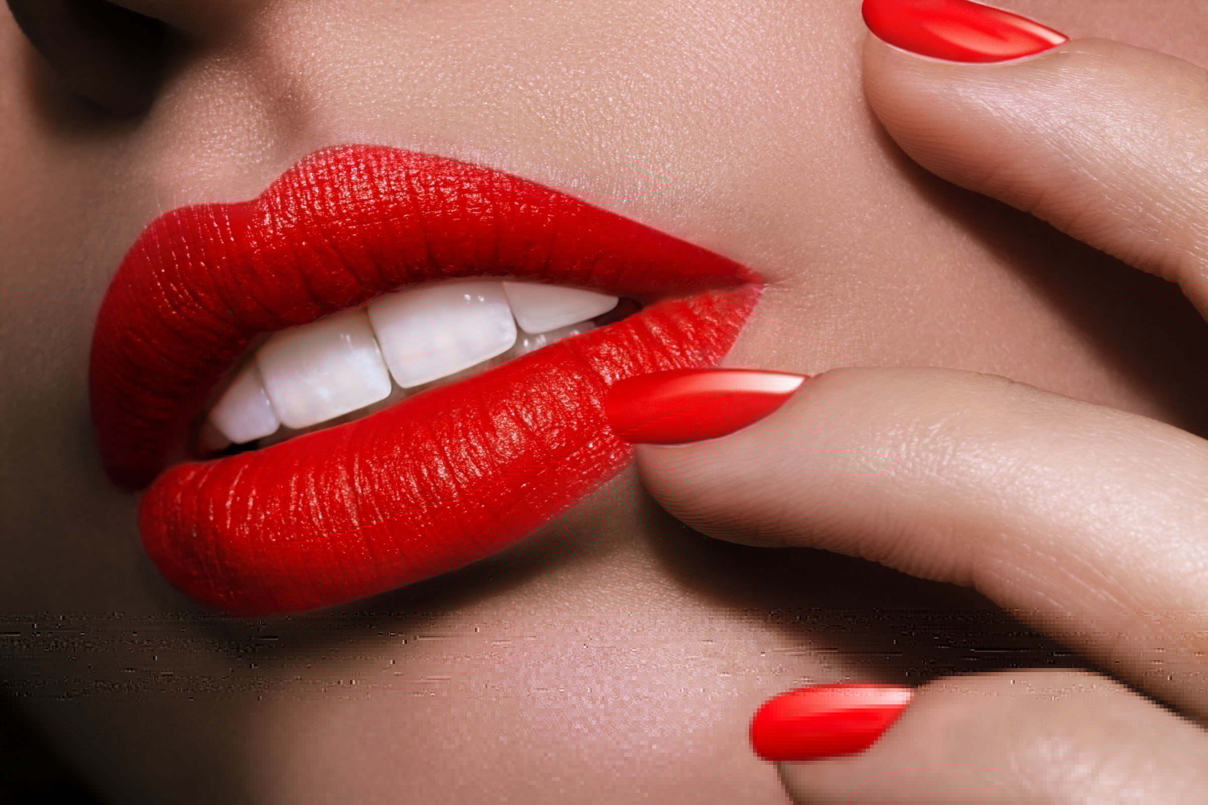 woman's red lips, girl, face, teeth, mouth, lipstick, fingers