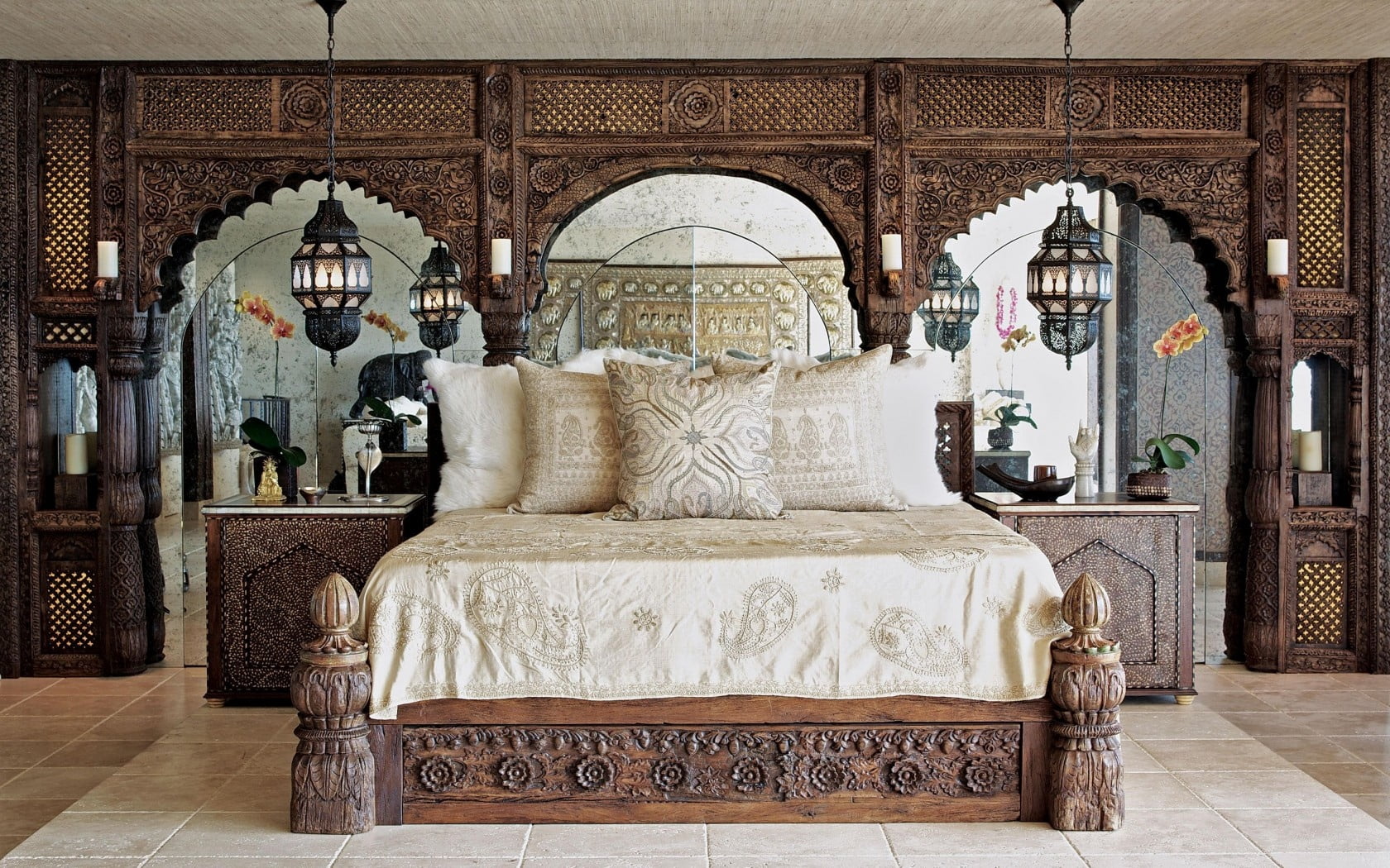 beige floral bedspread set with brown wooden bed frame, room