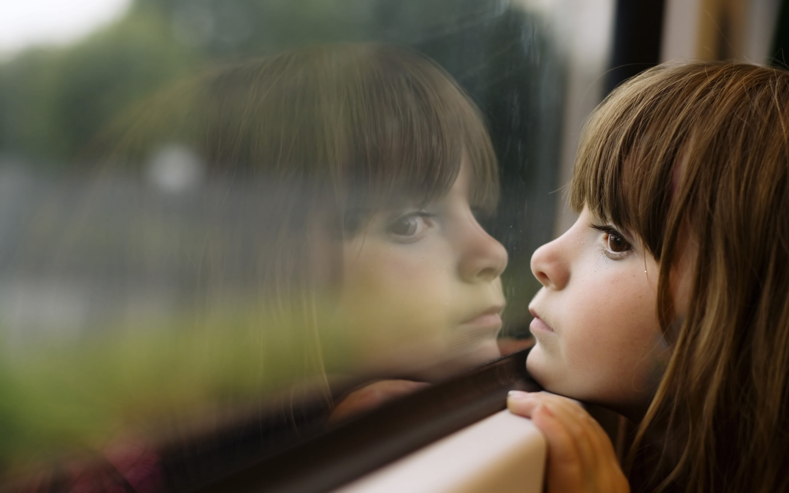 girl's face, sad, brown, window, glass, people, child, two People