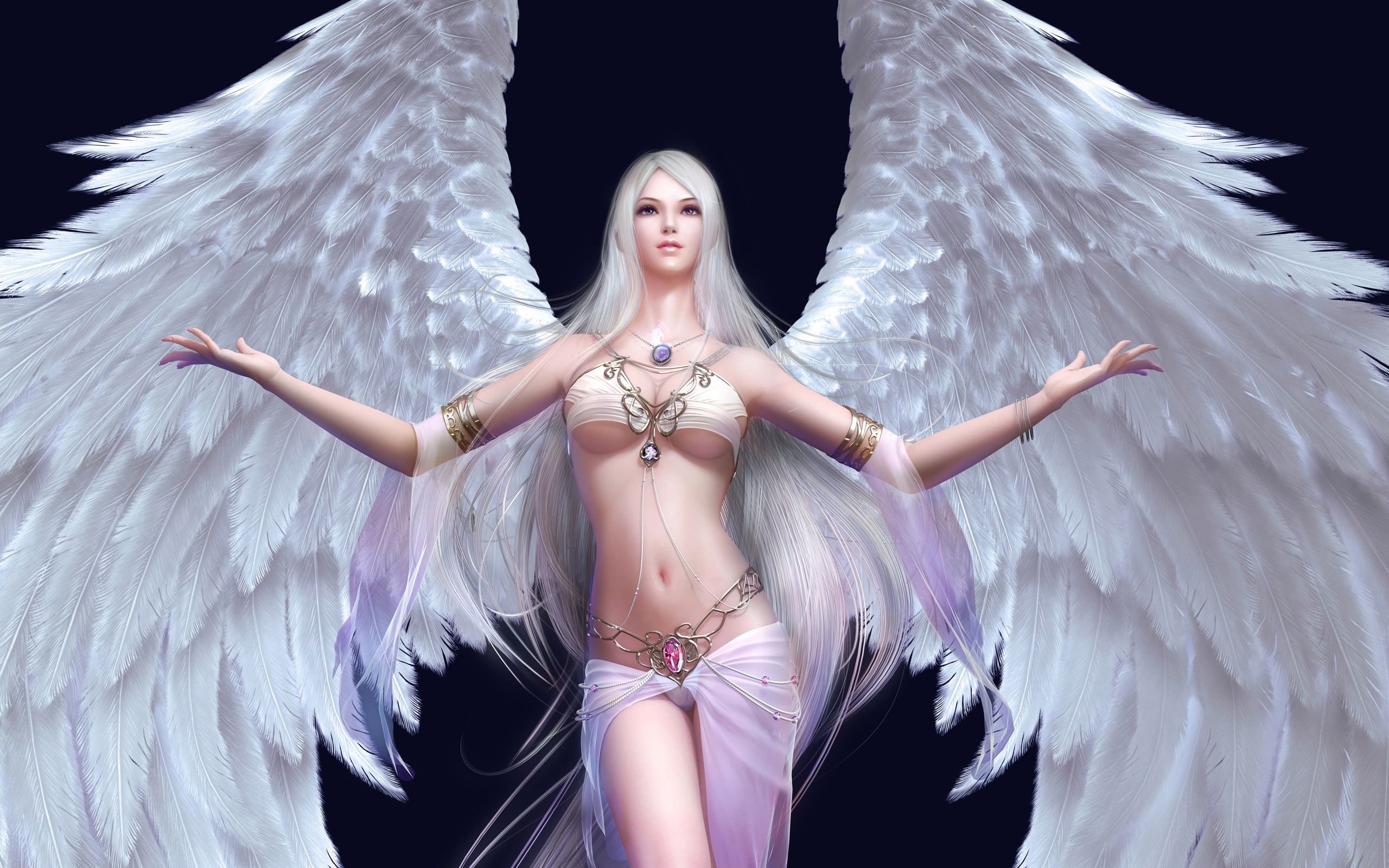 Girl white angel's wings, white haired woman with wings anime character