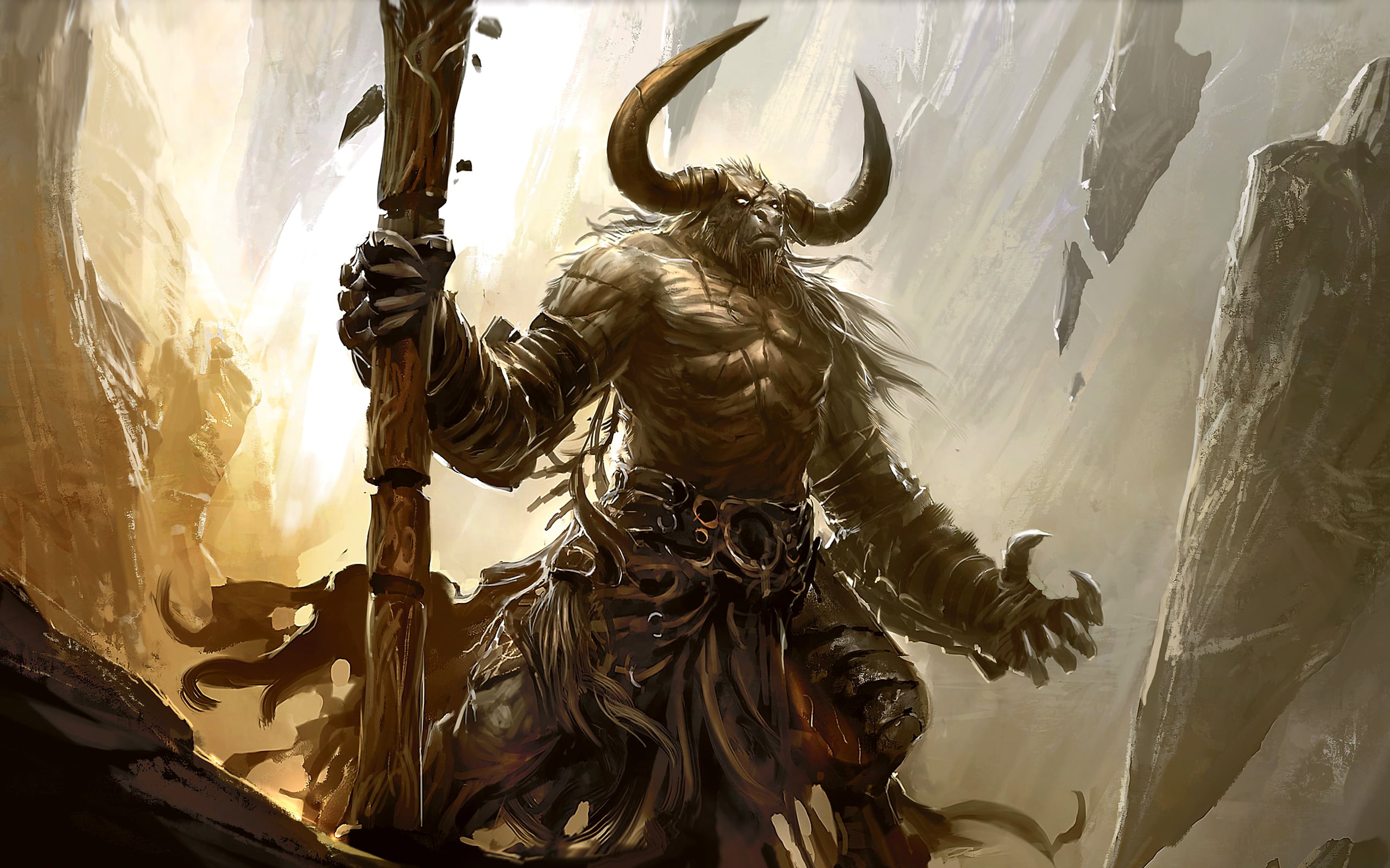 monster holding wood stick wallpaper, stones, horns, staff, the Minotaur