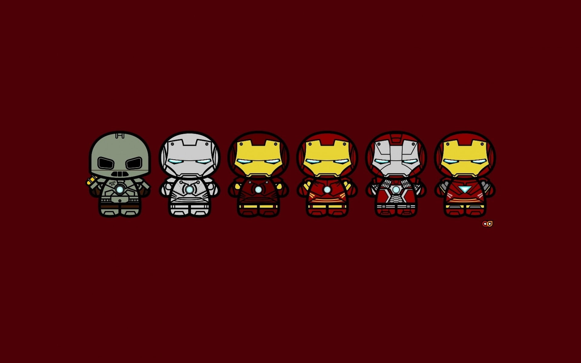 six assorted-color Iron Man figures, superhero, minimalism, red