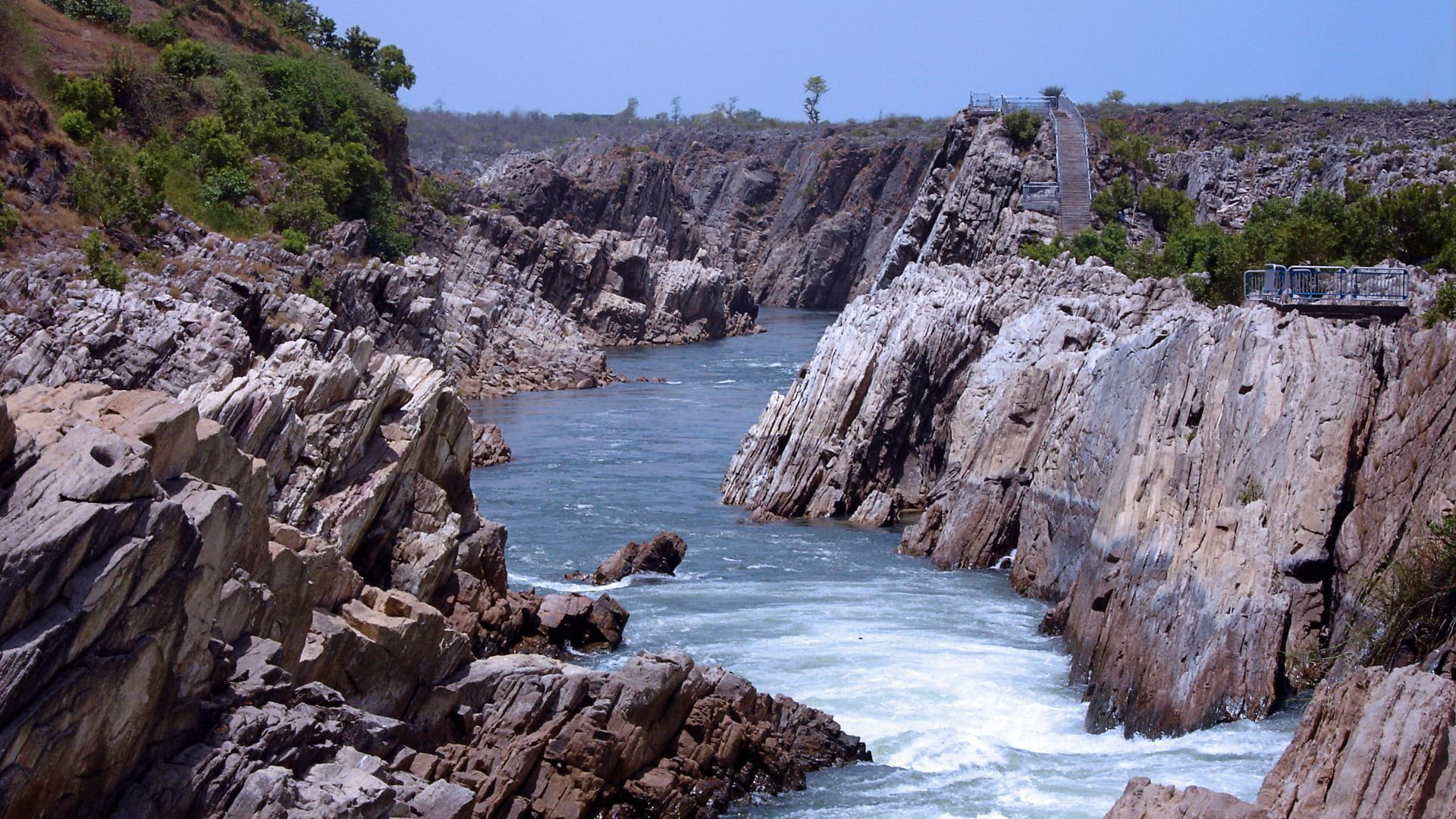 River Narmada In India, cliffs, gorge, flowing, nature and landscapes