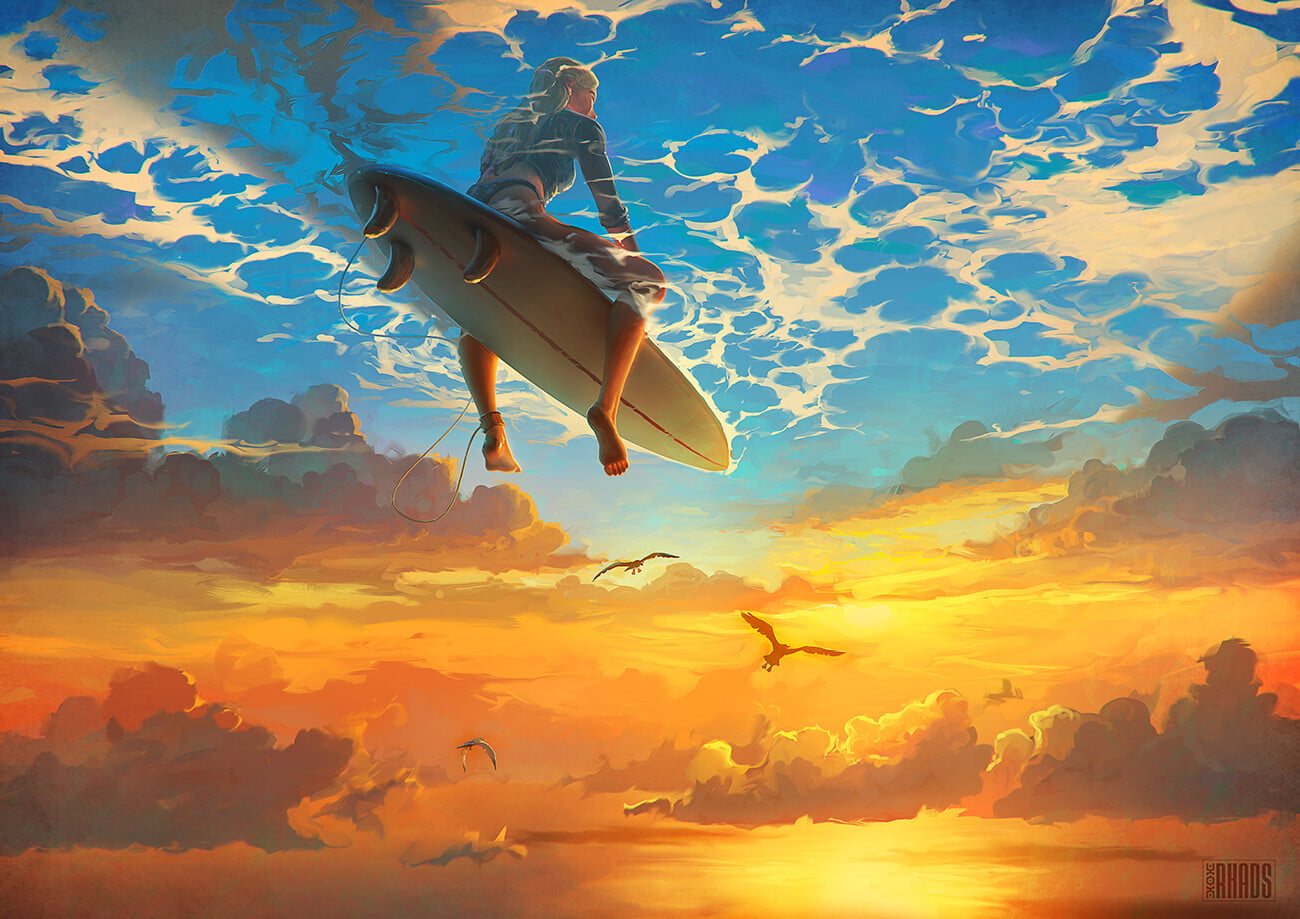 Artem Chebokha, orange and teal, surfing, surreal, clouds