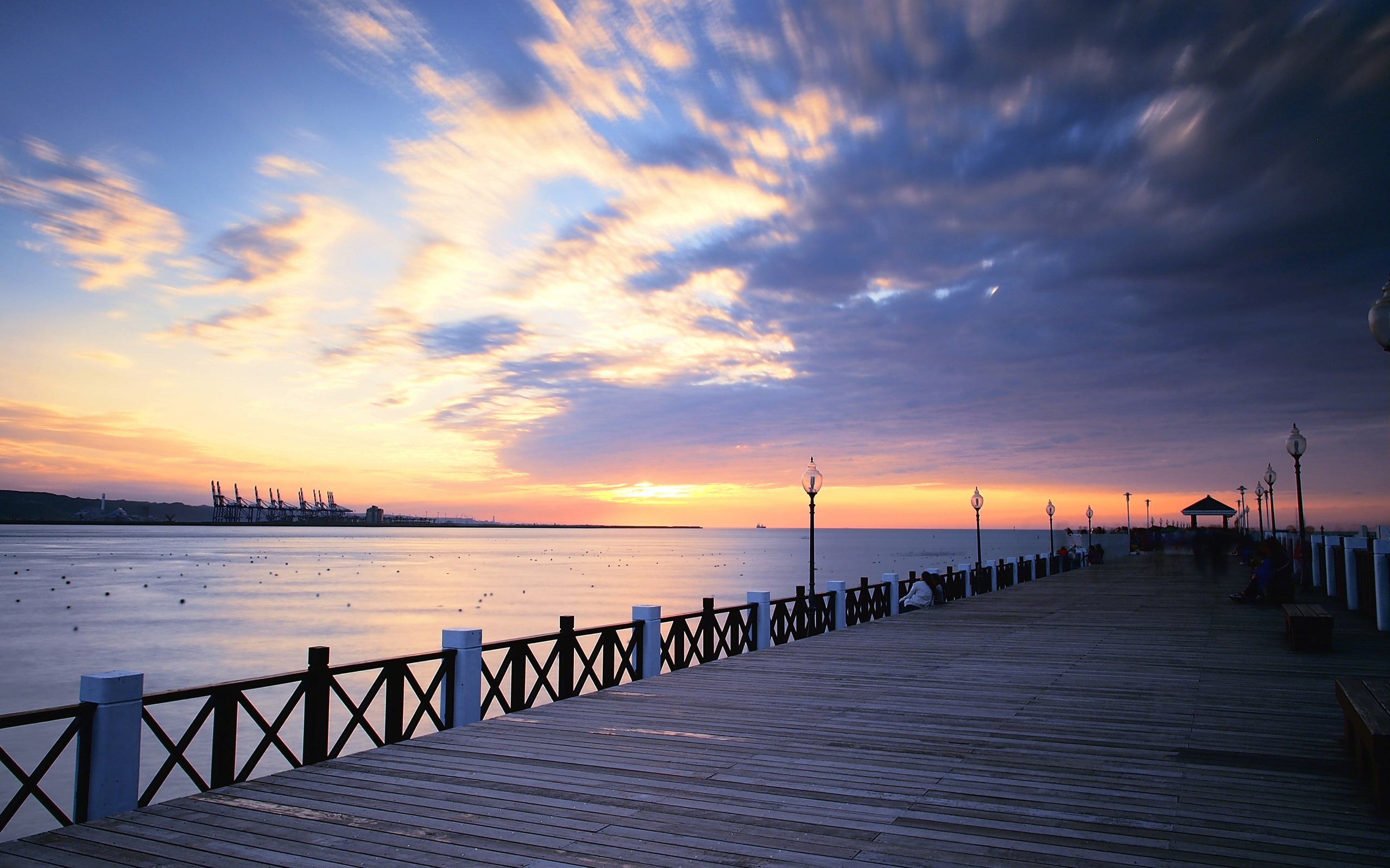 Pier Ocean Sunset Clouds HD, nature