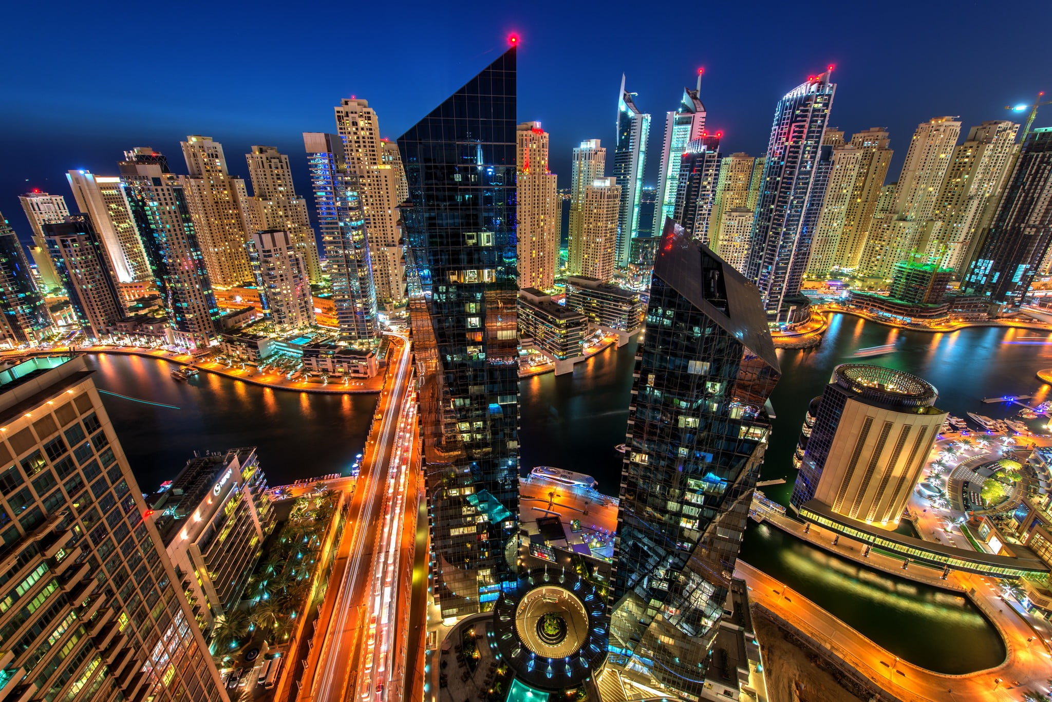 city skyline, cityscape, night, Dubai, United Arab Emirates, water
