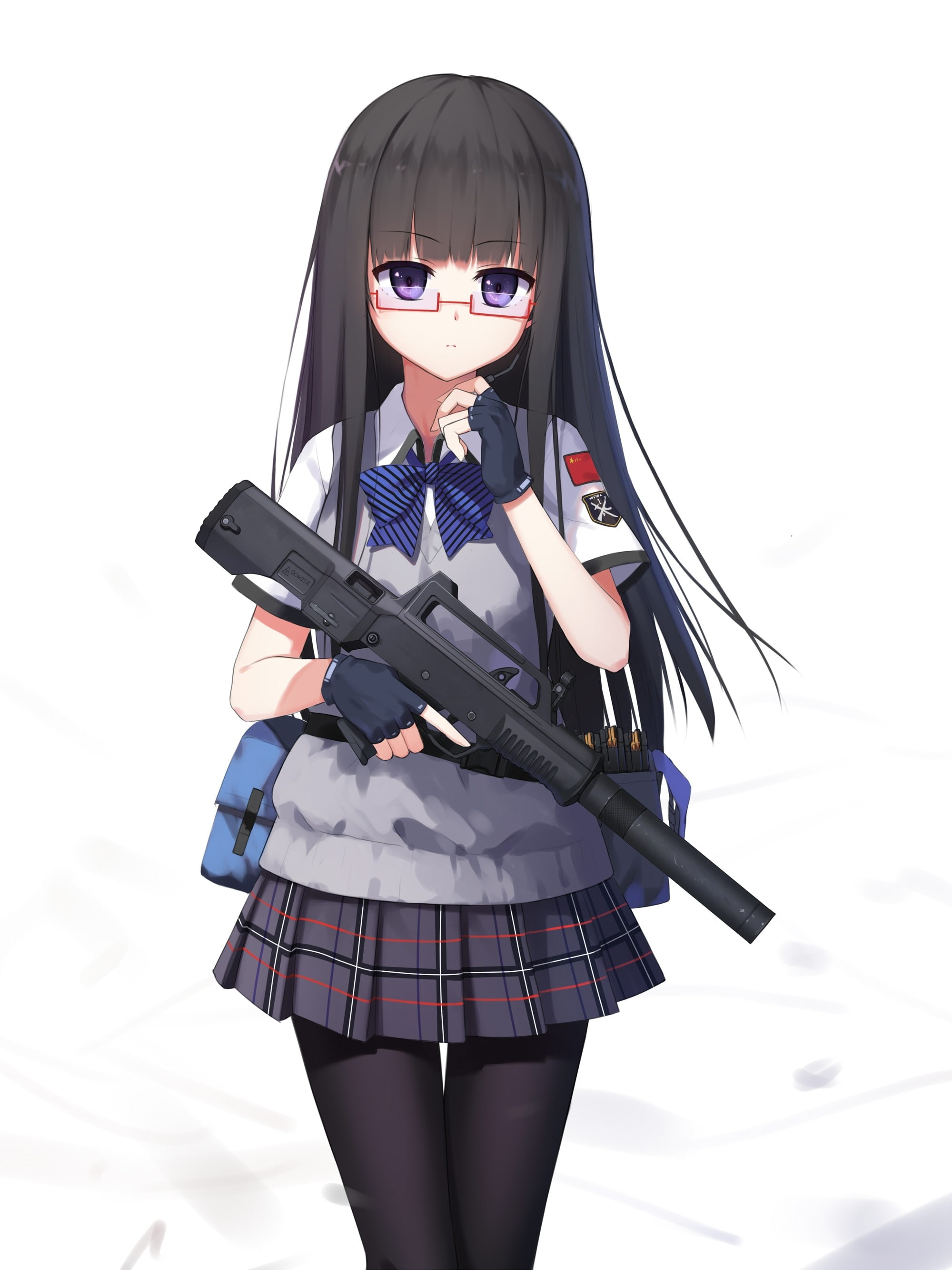 anime girl, gunner, weapon, school uniform, glasses, one person