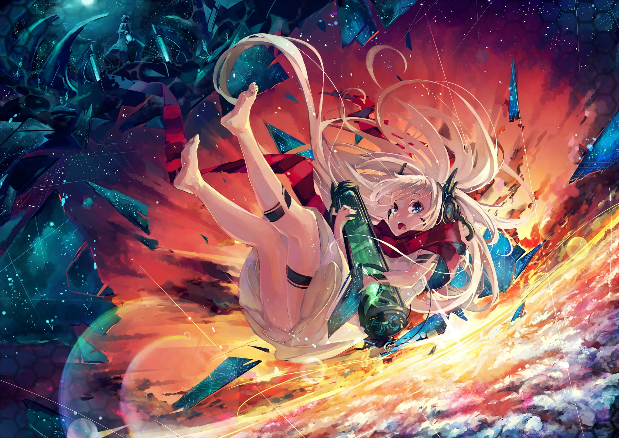 anime girl, falling down, sky, white hair, multi colored, art and craft