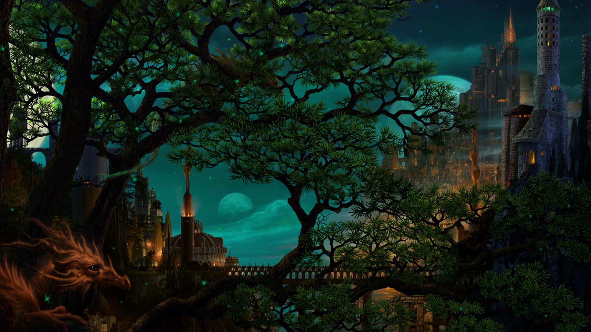 Castle Of Wizards, dragon, full moon, bridge, gothic, imagination