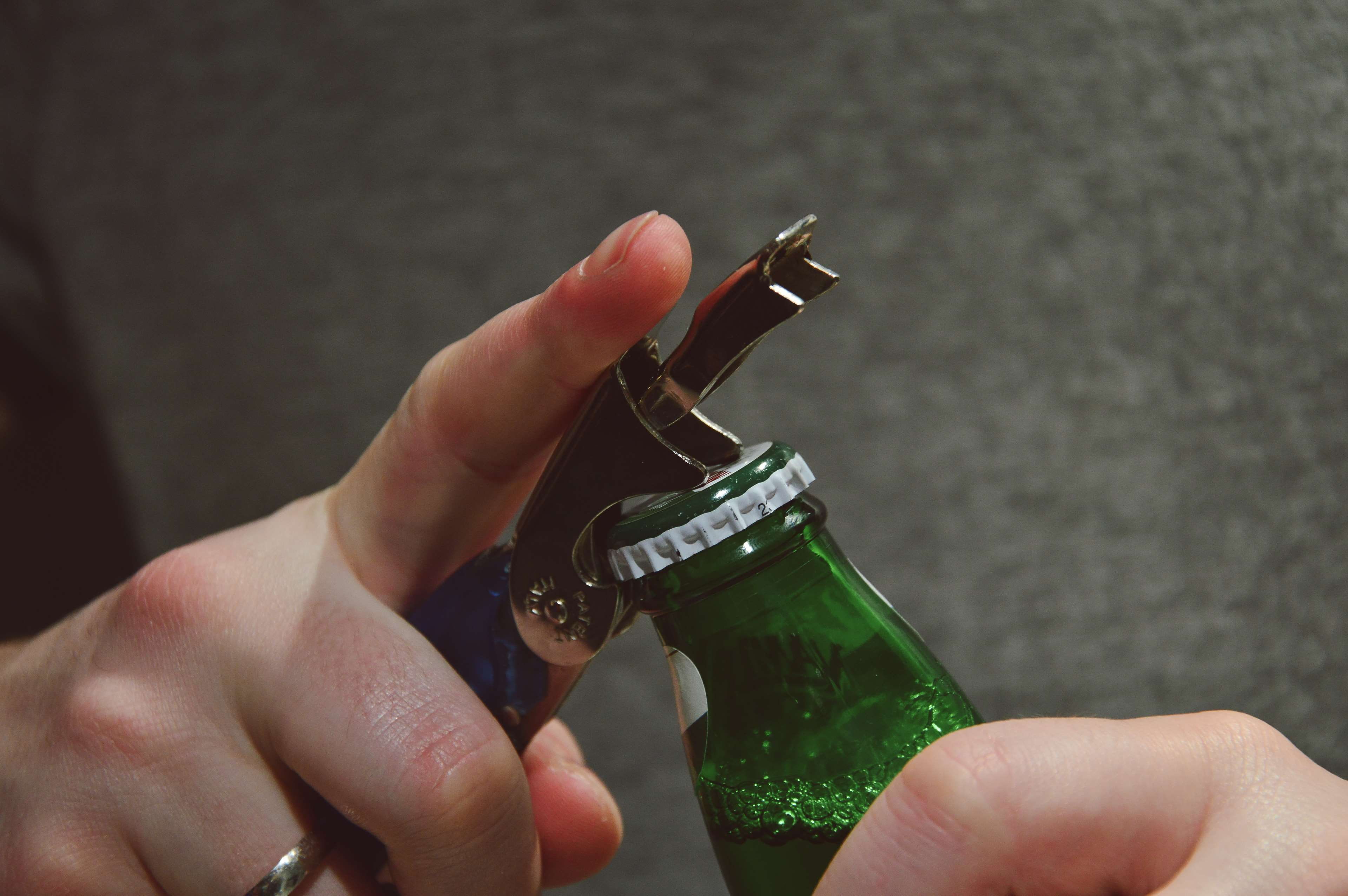 beer, beverage, bottle cap, bottle opener, drink, hands, man
